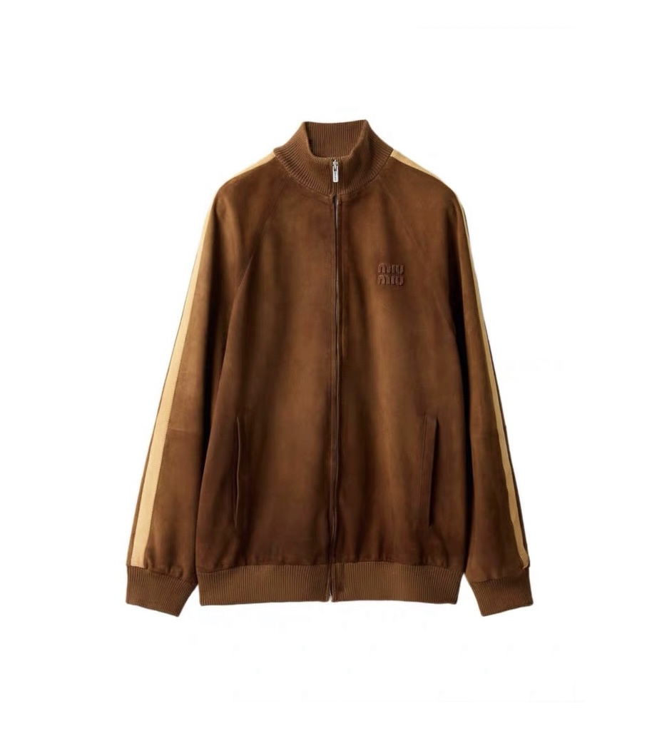 Mi color-block jacket coat! Brown stand-up collarzipper design