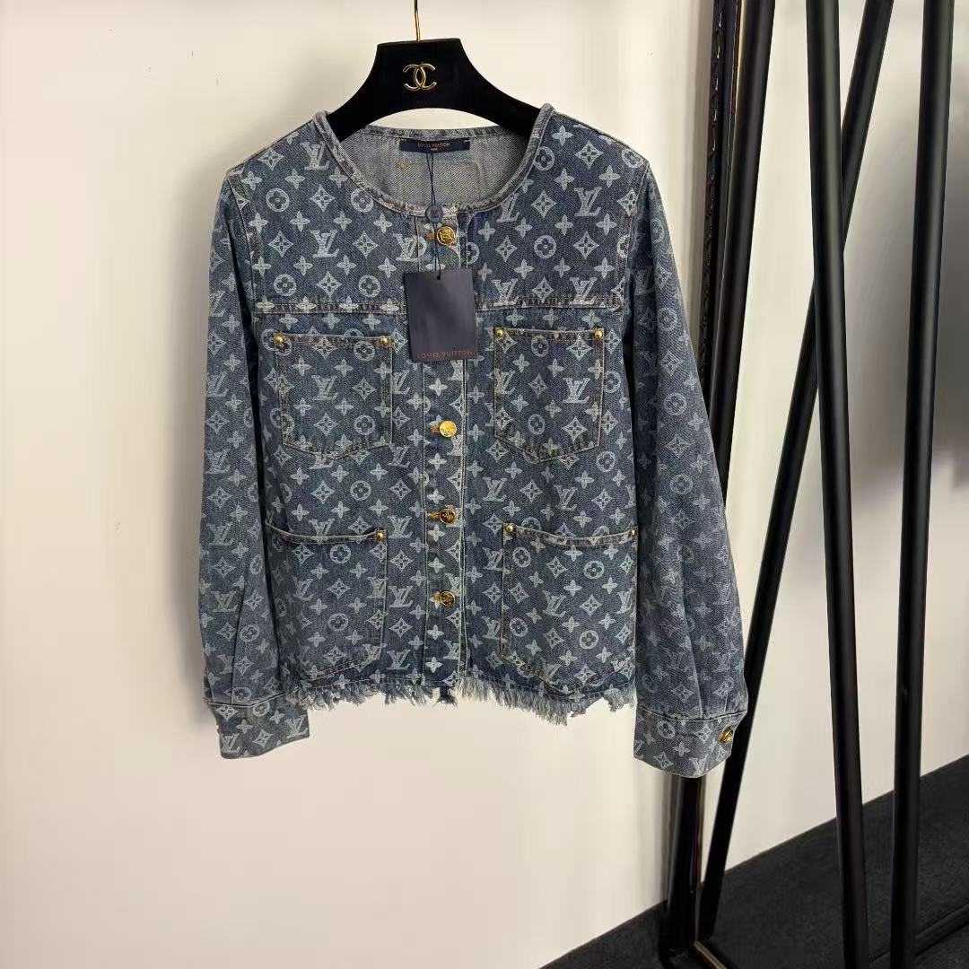 LO 26 Dark Blue All Over Jacquard Pattern Round Neck Fringe Hem Denim Jacket