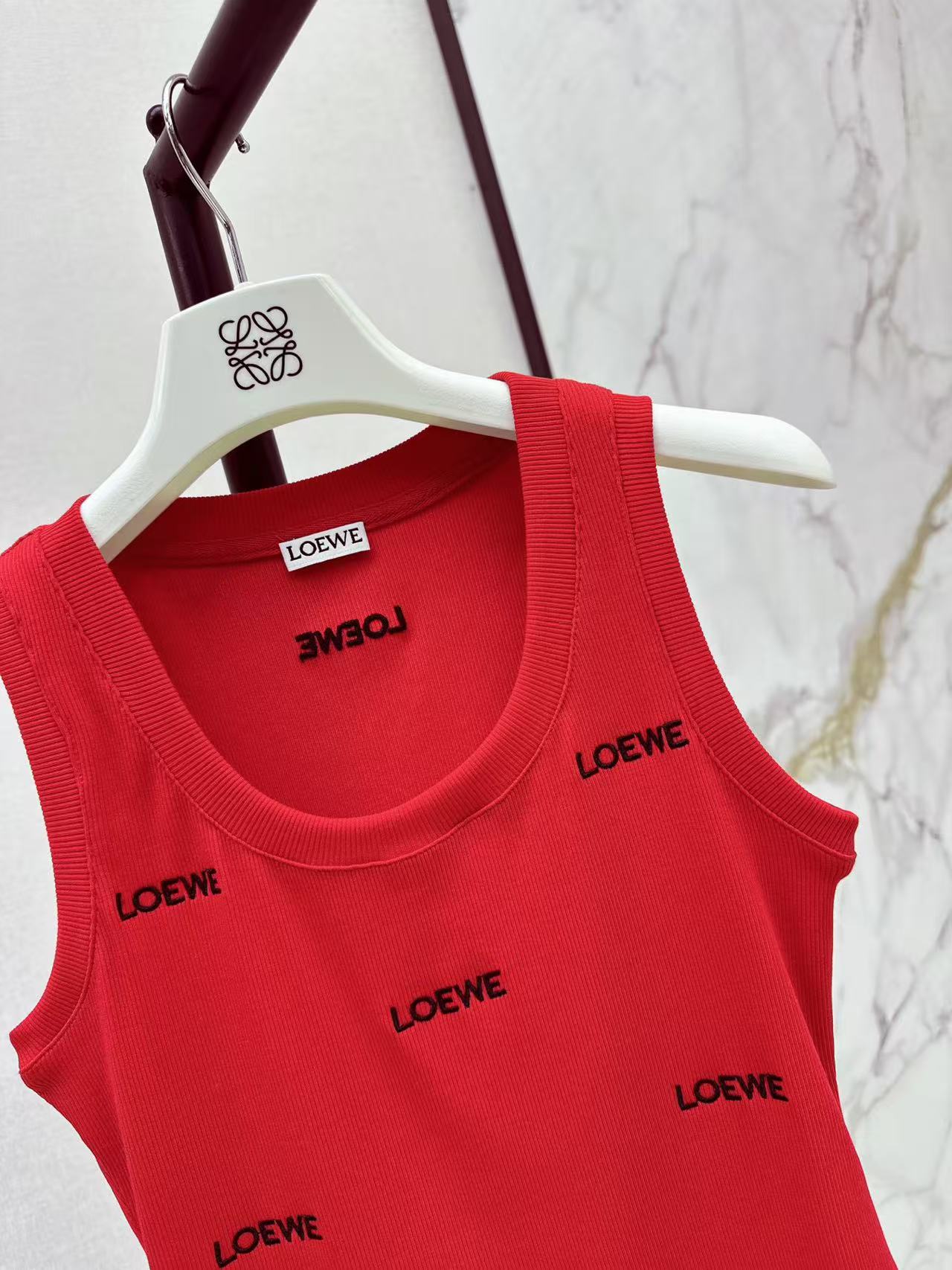 LOE 26All Over Red Letter Embroidered Ribbed Tank Top