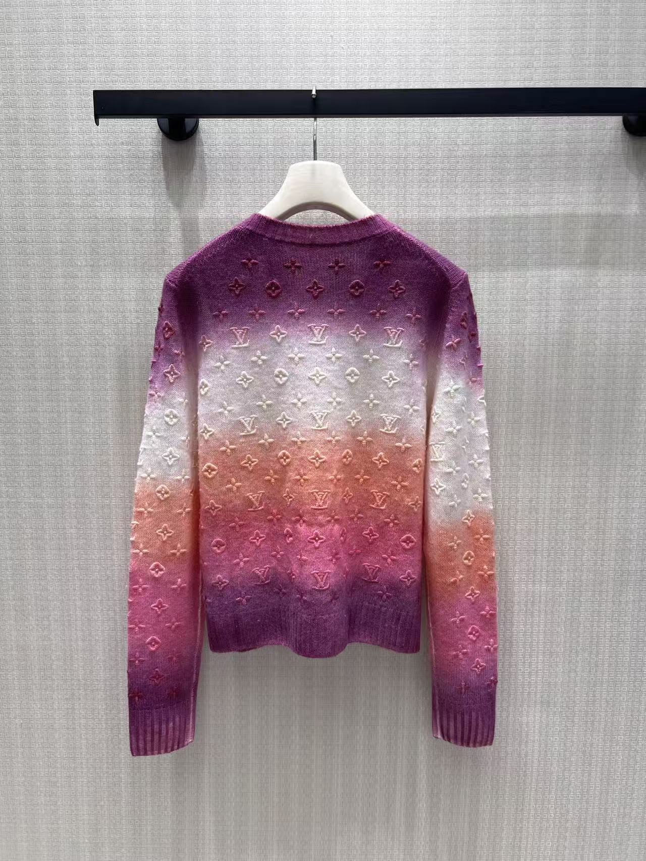 Gradient Color Embossed Monogram Knit Cardigan Women Round Neck Button Front Sweater Coat