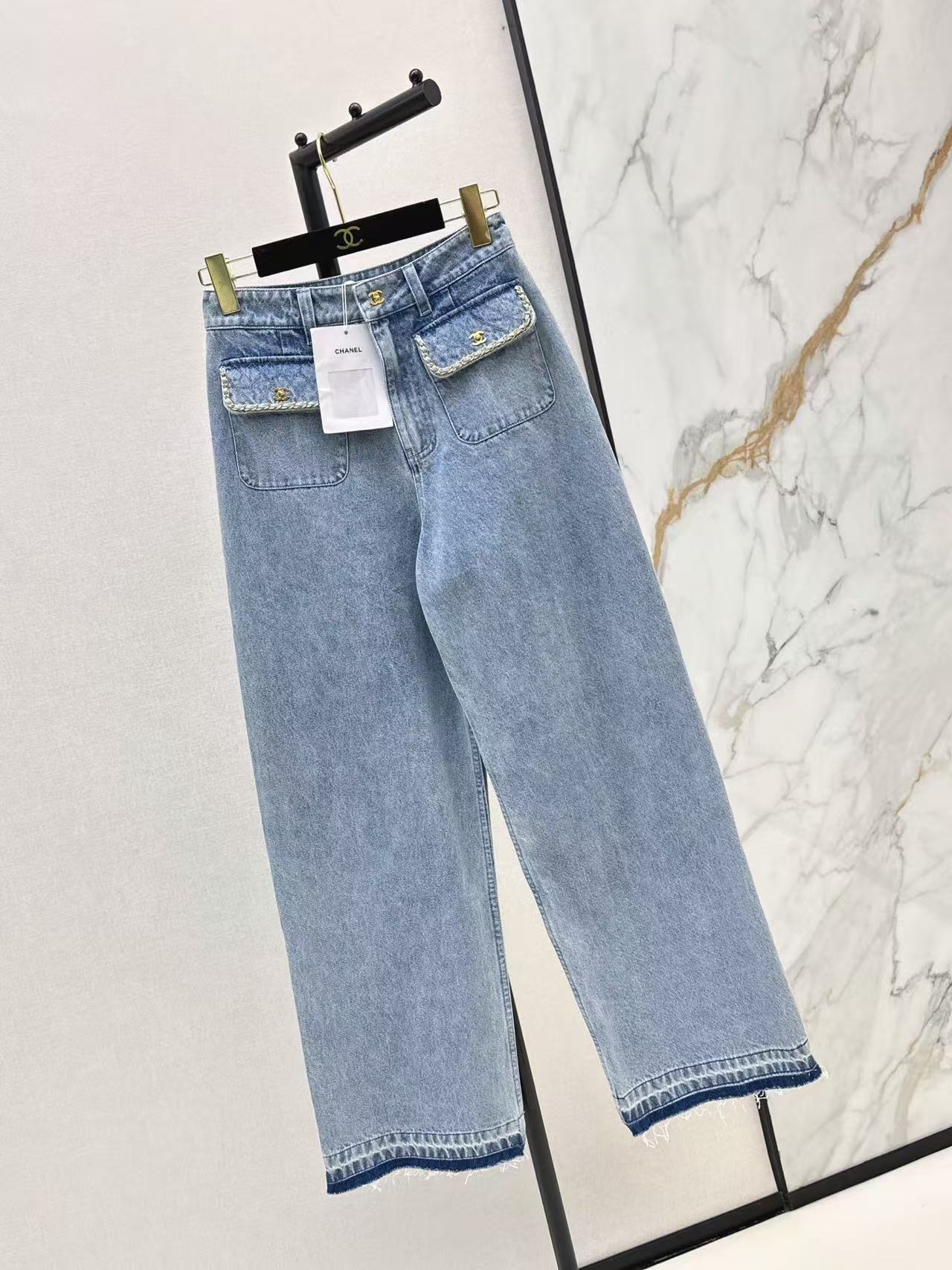 cha 26 Light Wash Chain Trim Wide Leg Denim Pants