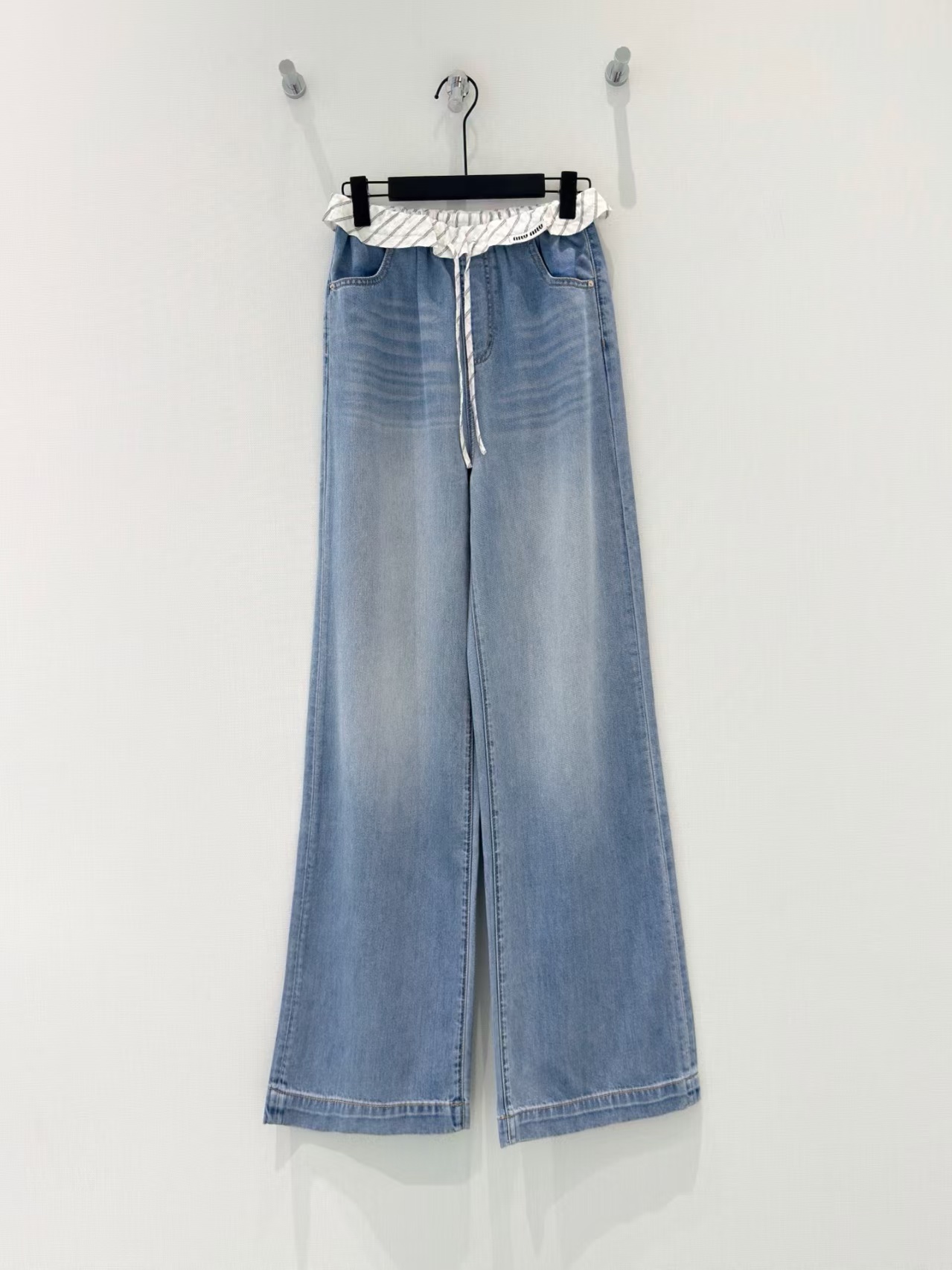 Miumi*26 New Design Striped Ruffle Trim Lyocell Wide-leg Washed Jeans