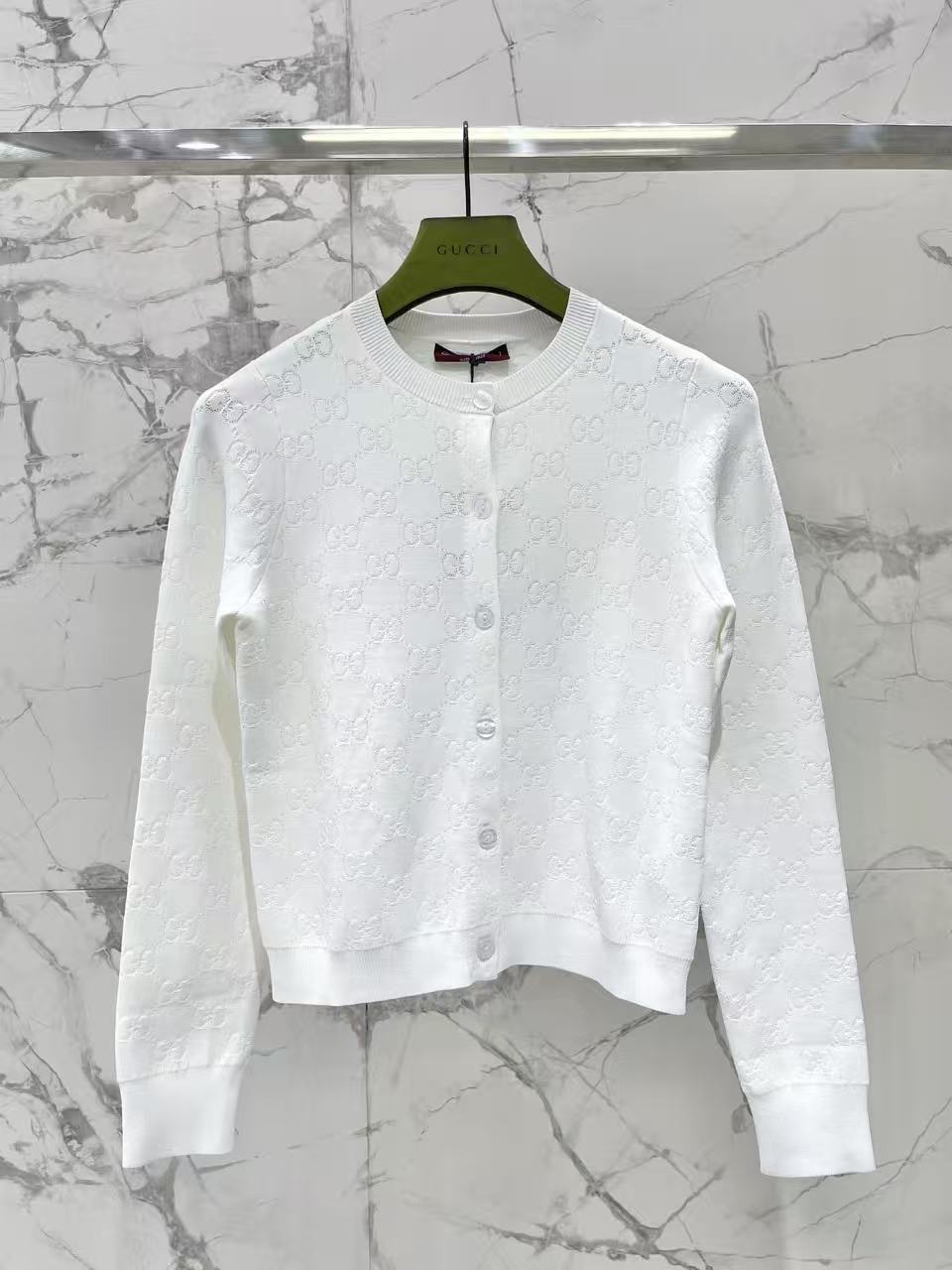 White Jacquard Knit Cardigan Round Neck Button Front Long Sleeve Slim Jacket