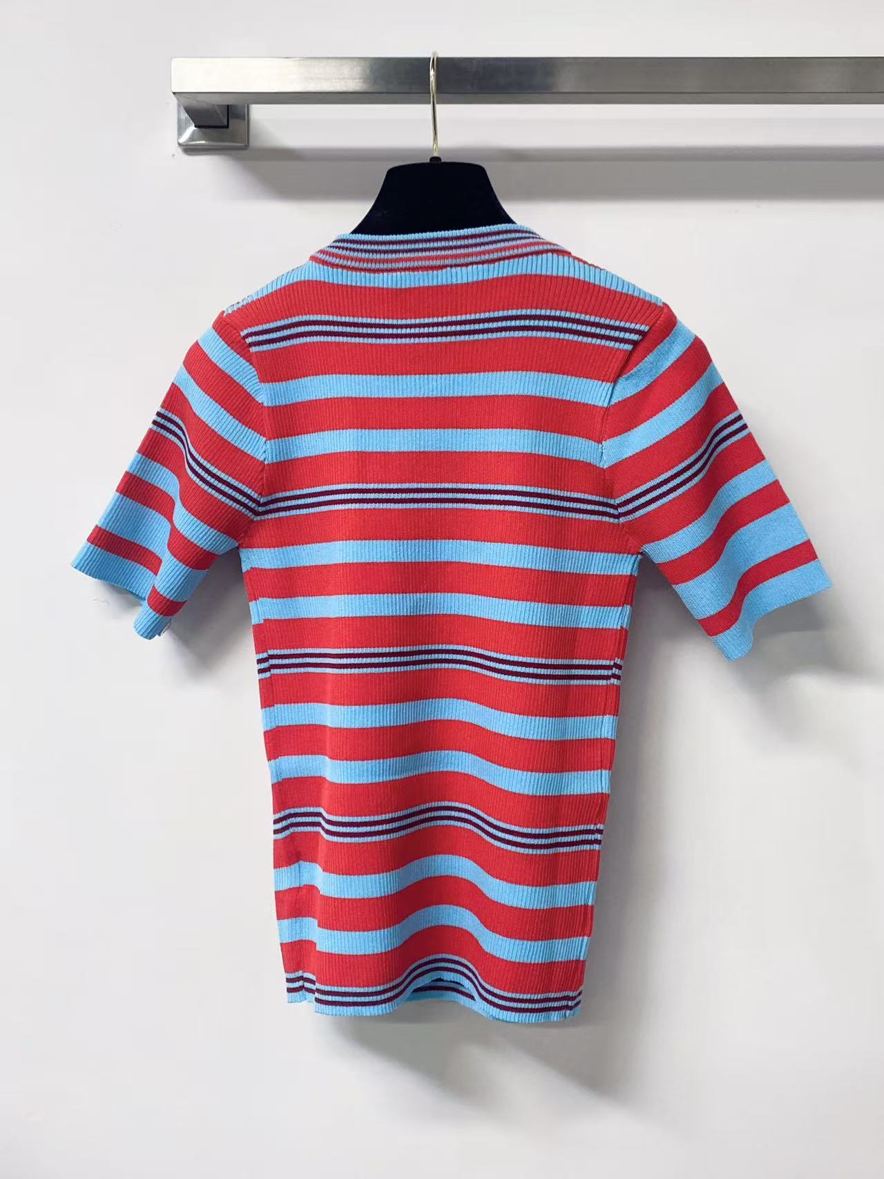 cha 26 Half Button Ribbed Striped Knit Blouse