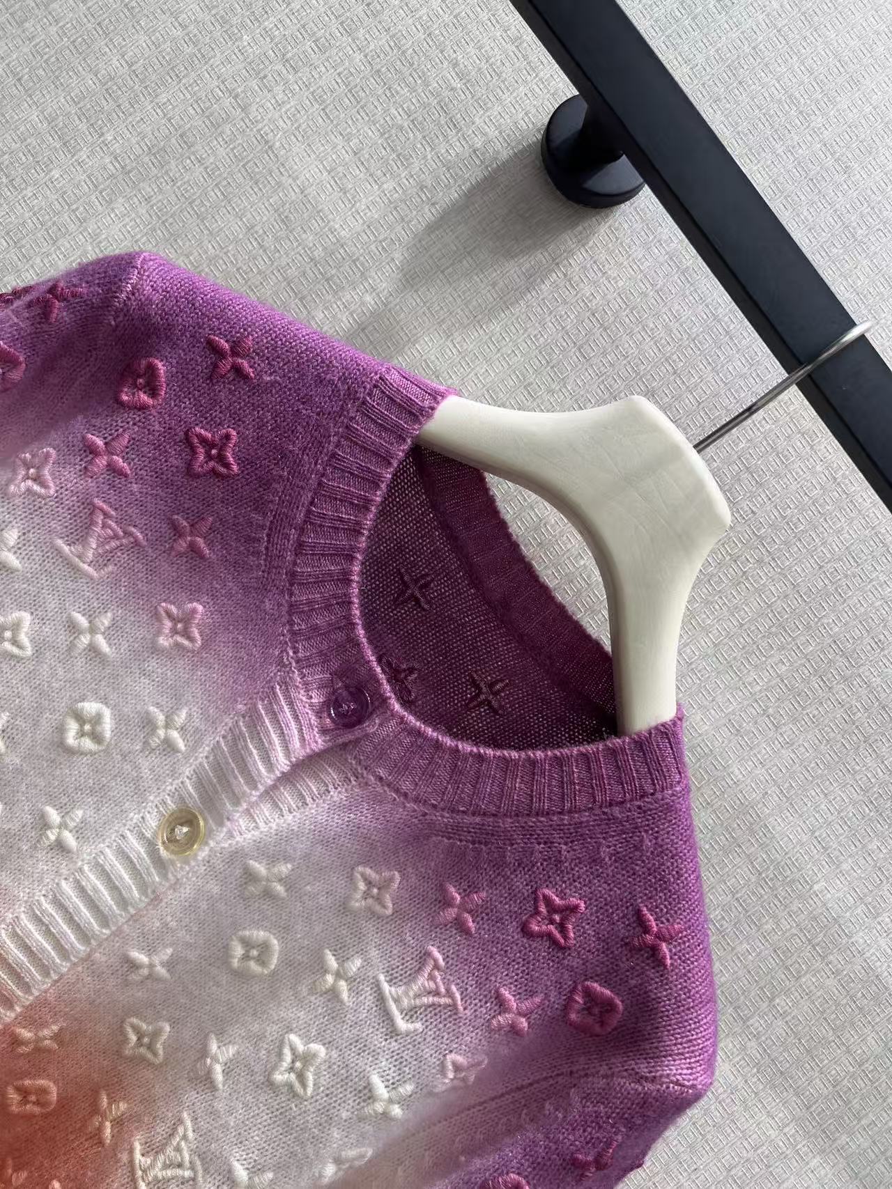 Gradient Color Embossed Monogram Knit Cardigan Women Round Neck Button Front Sweater Coat