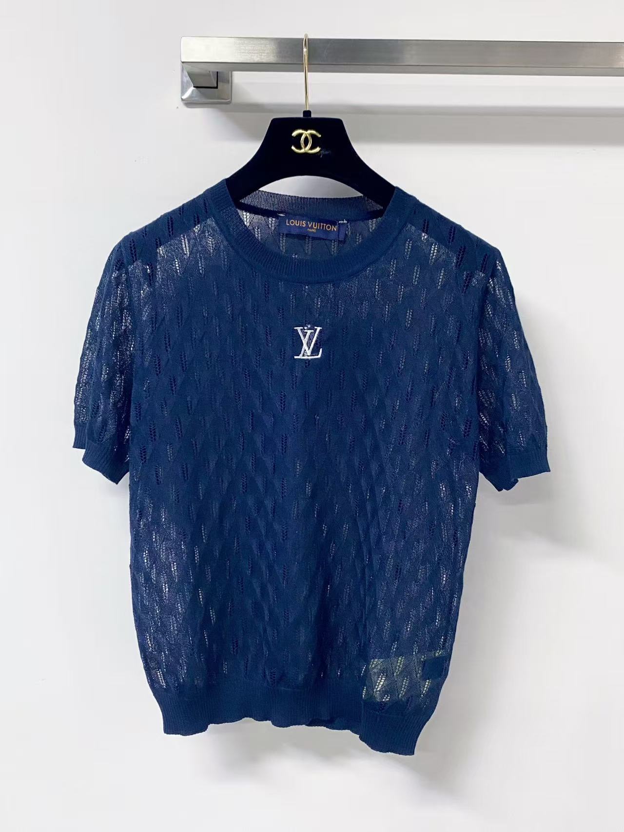 LO 26Navy Diamond Hollow Knit Short Sleeve Top