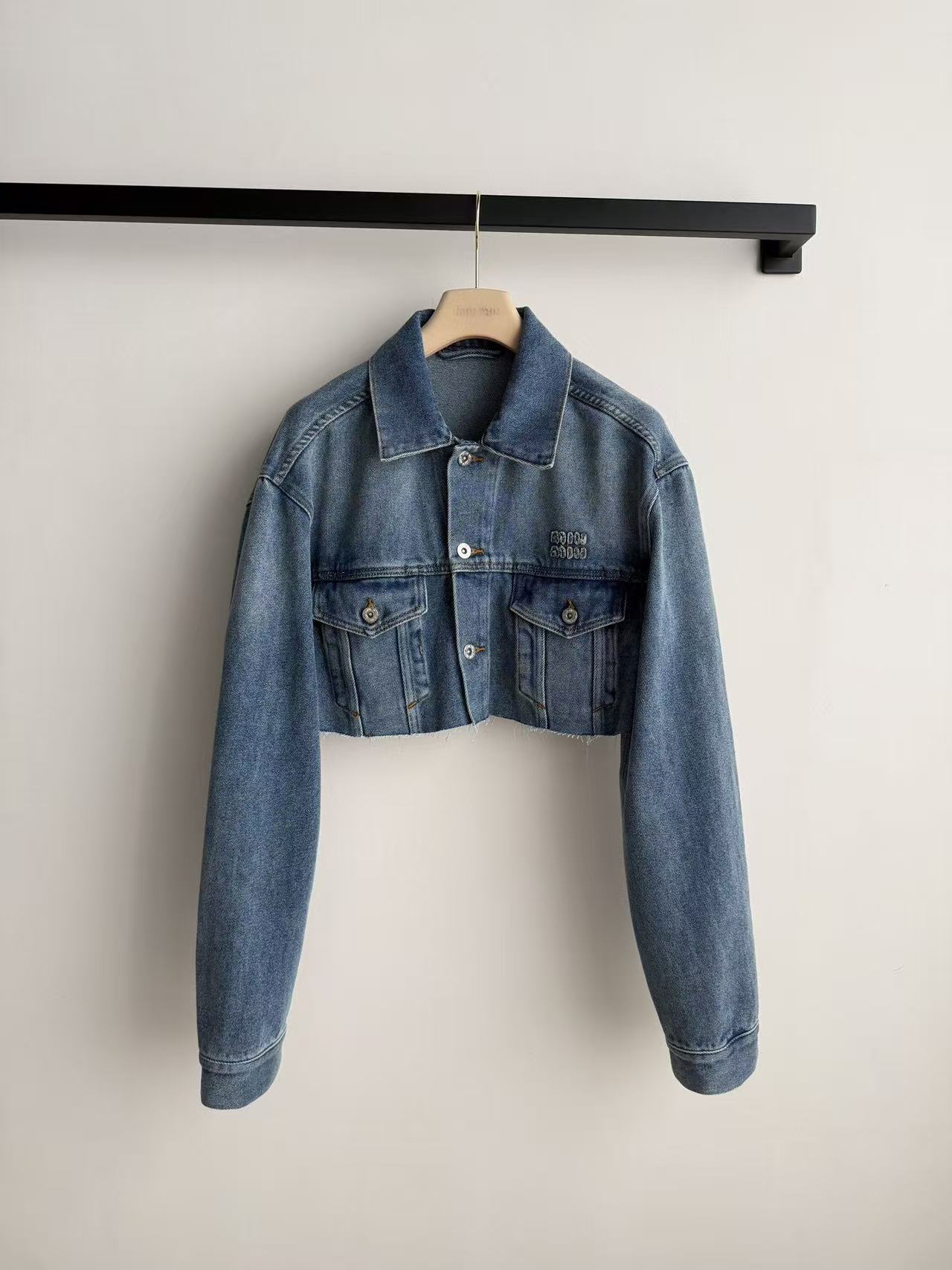 M Series  Frayed Hem Cropped Denim Jacket With Logo Embroidery