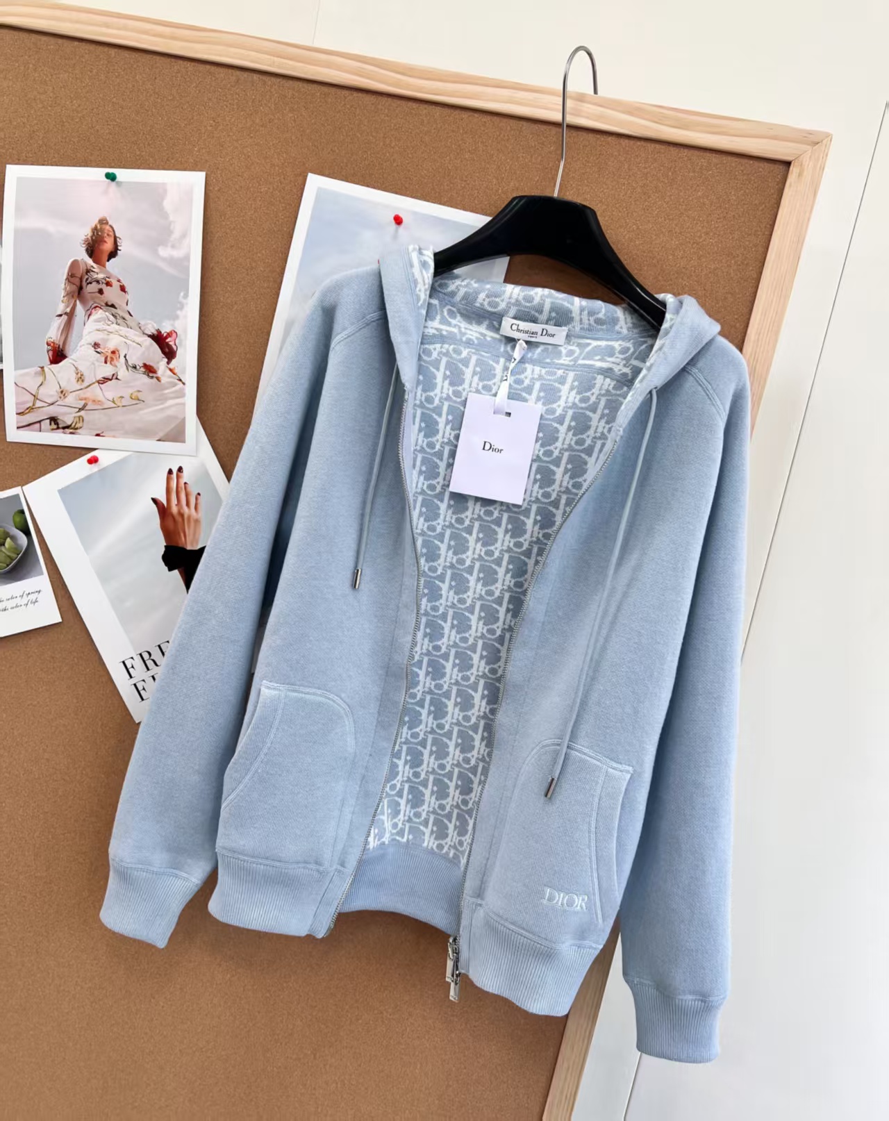 Di High-end baby blue obllque patterh togo zip-up cashmere jacket