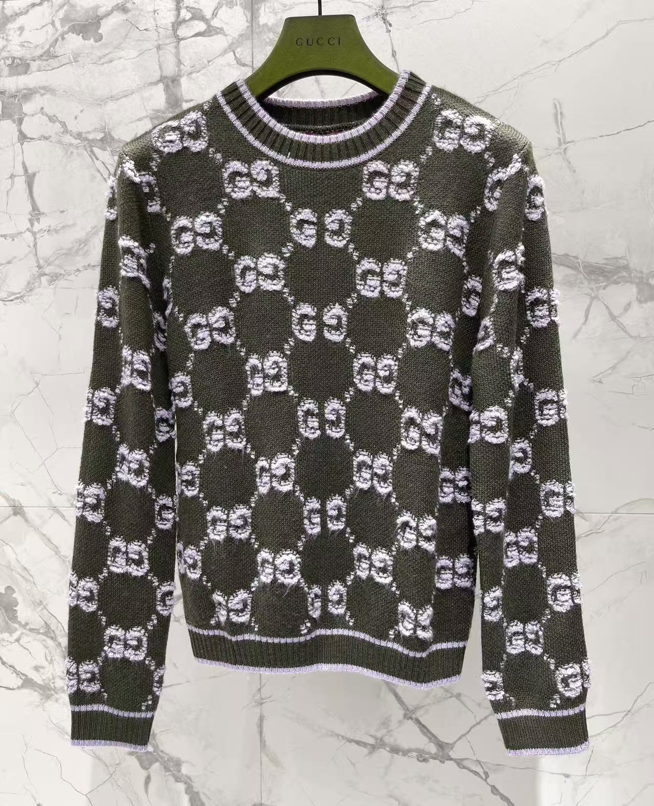 GU Olive Green All Over Pattern Knit Crew Neck Sweater