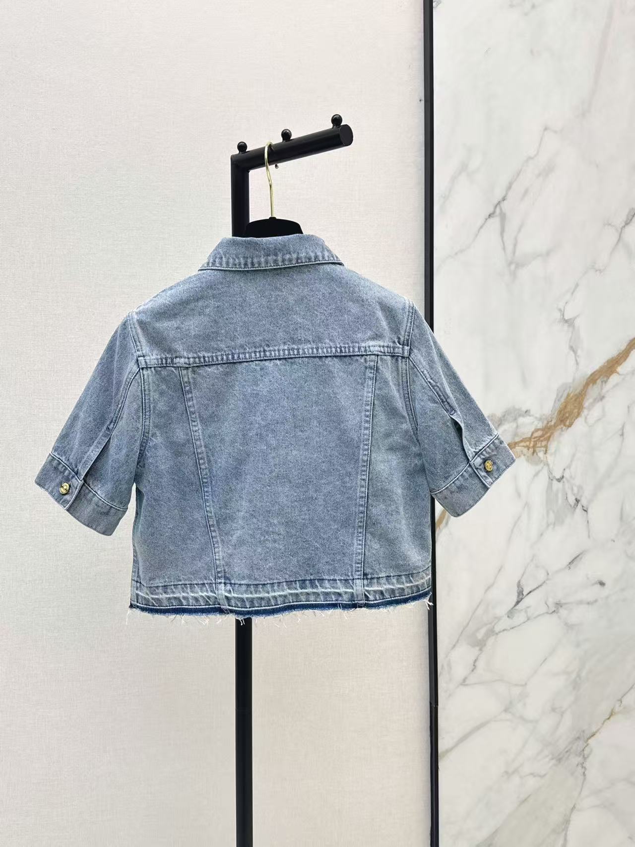 Cha  Trim Cropped Short Sleeve Denim Jacket