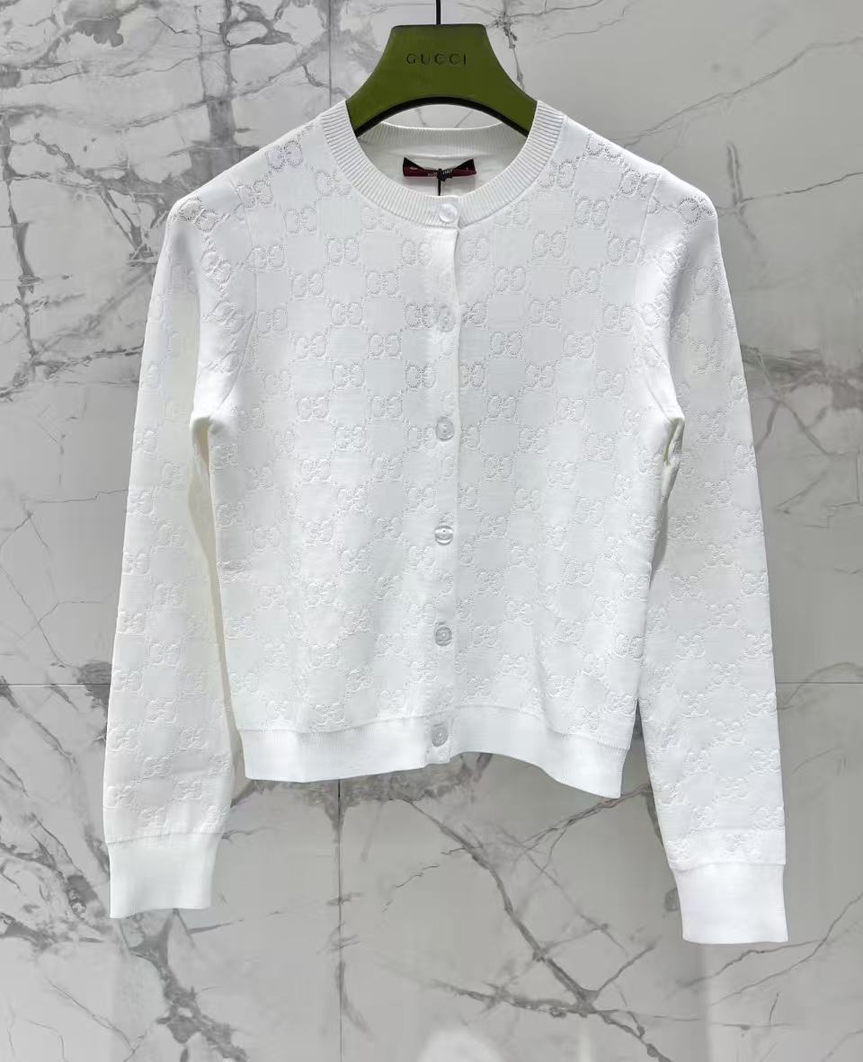 White Jacquard Knit Cardigan Round Neck Button Front Long Sleeve Slim Jacket