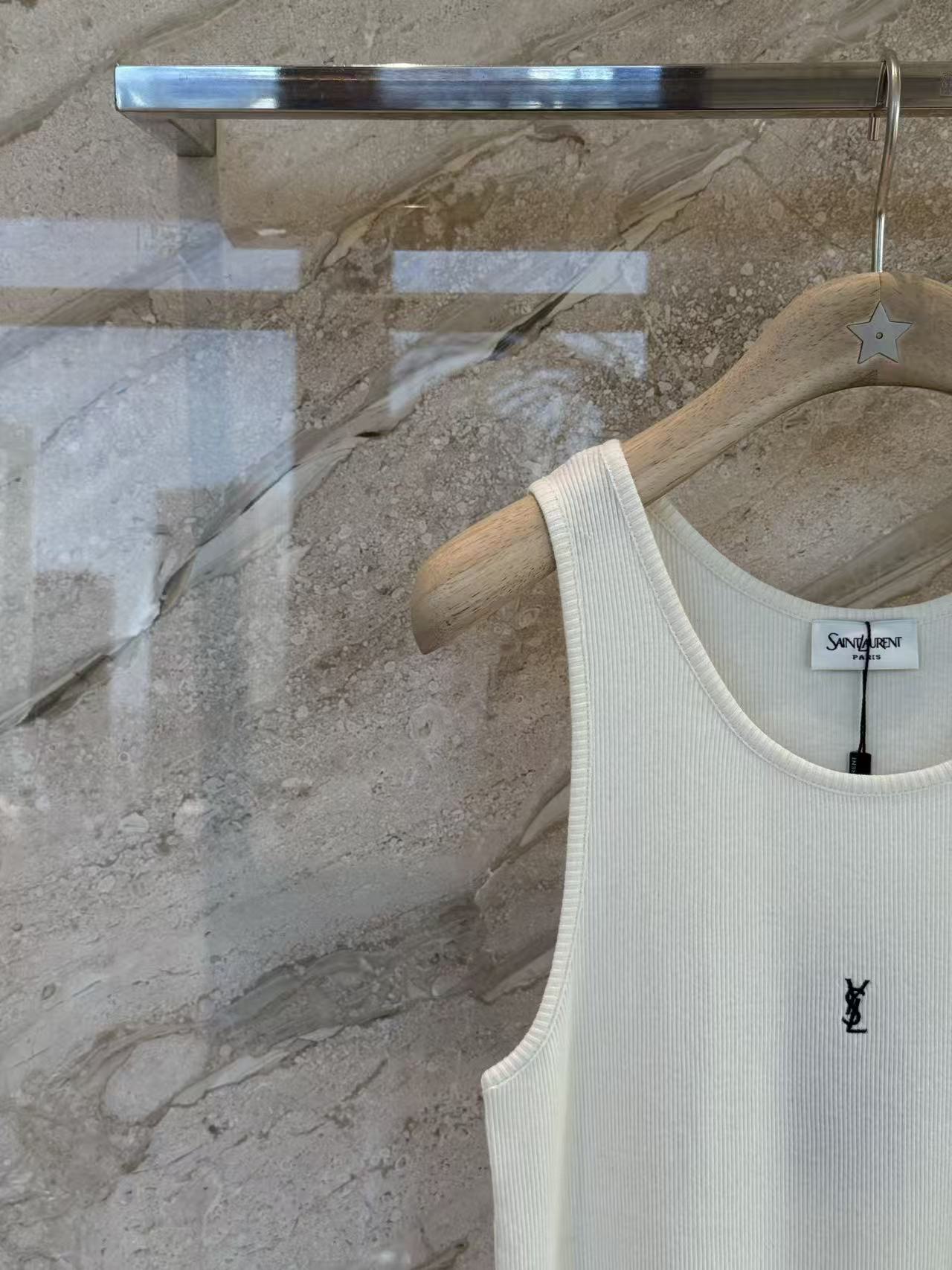 Saint Laurent Cassandre Embroidered Ribbed Tank Top, Off‑White