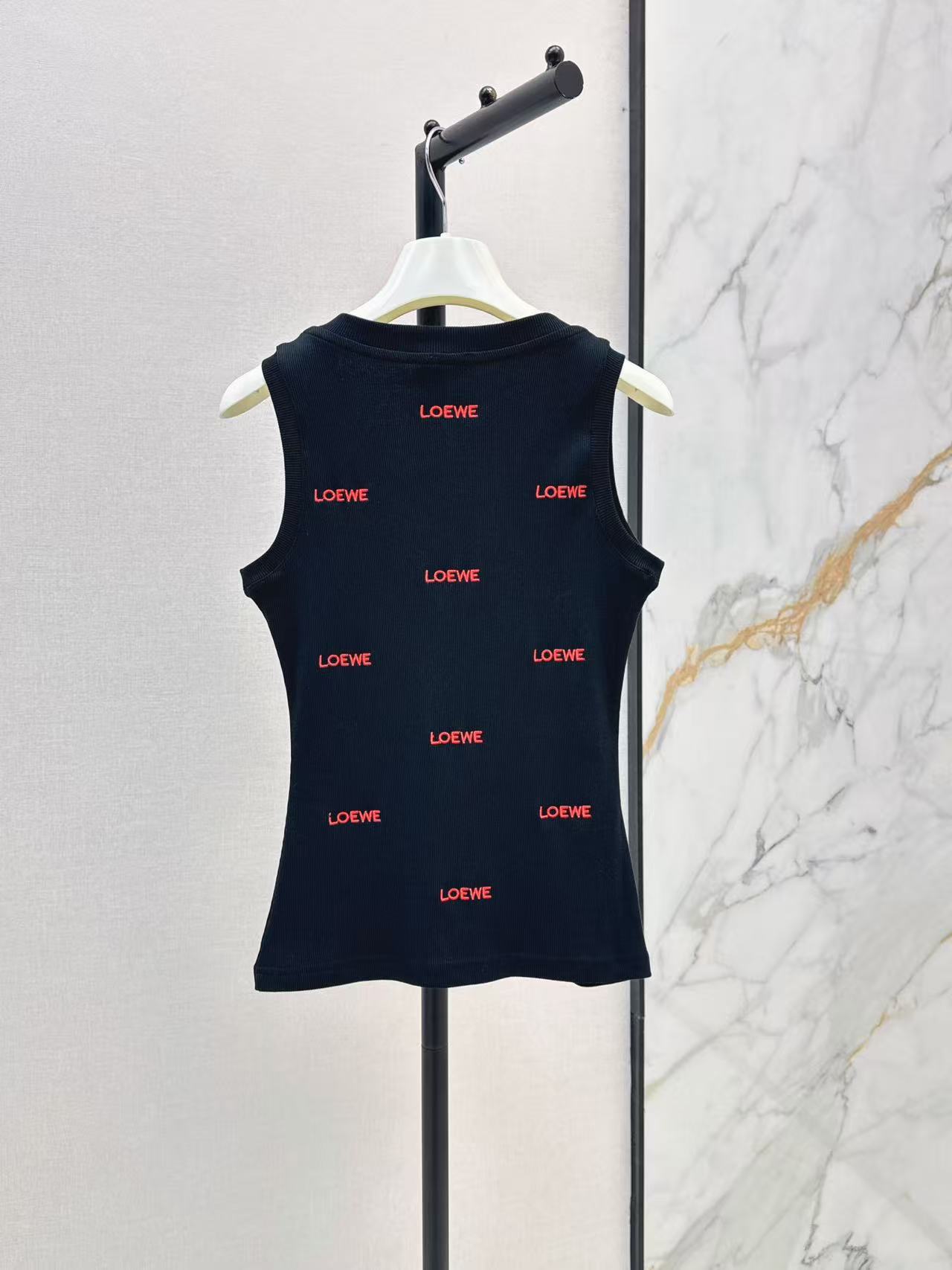 LOE 26All Over Red Letter Embroidered Ribbed Tank Top