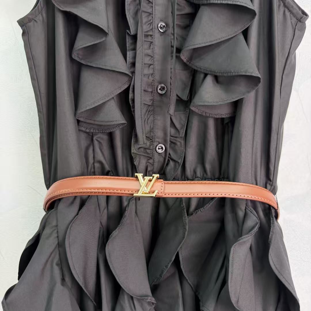 LO26 Tie Neck Multi Layer Flounce Hem Sleeveless Short Dress Metal Buckle Waist Belt