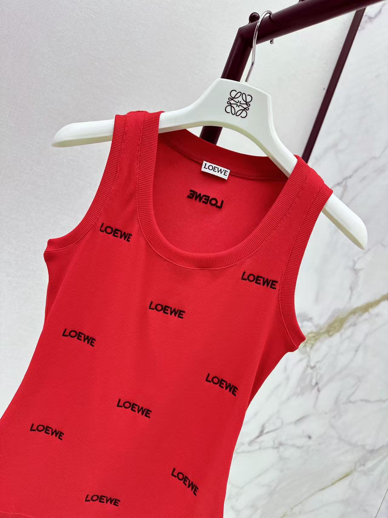 LOE 26All Over Red Letter Embroidered Ribbed Tank Top
