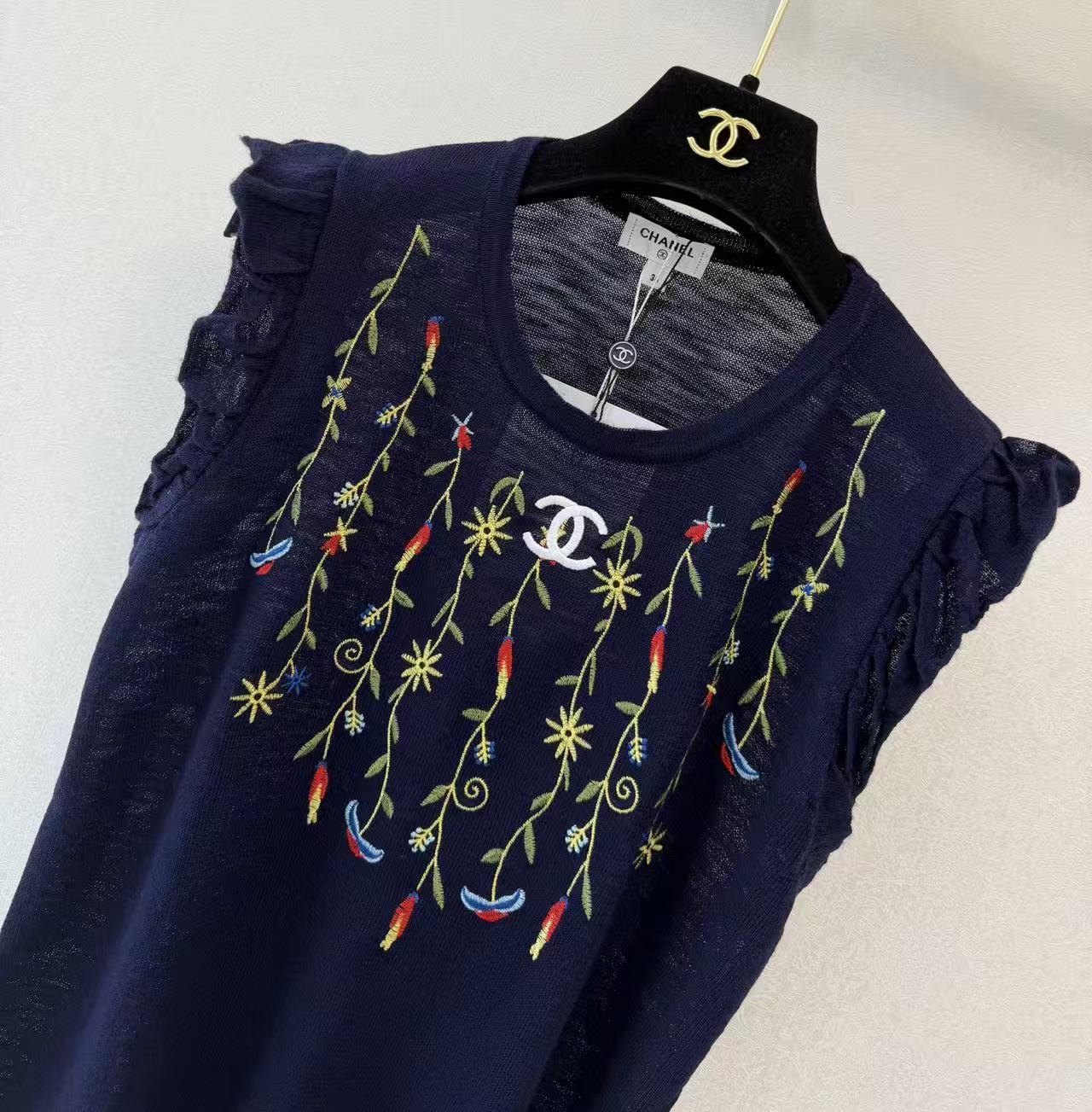 Cha 26 Navy Sleeveless Knit Tank Top Ruffle Shoulder Colorful Vine Floral Embroidery Front