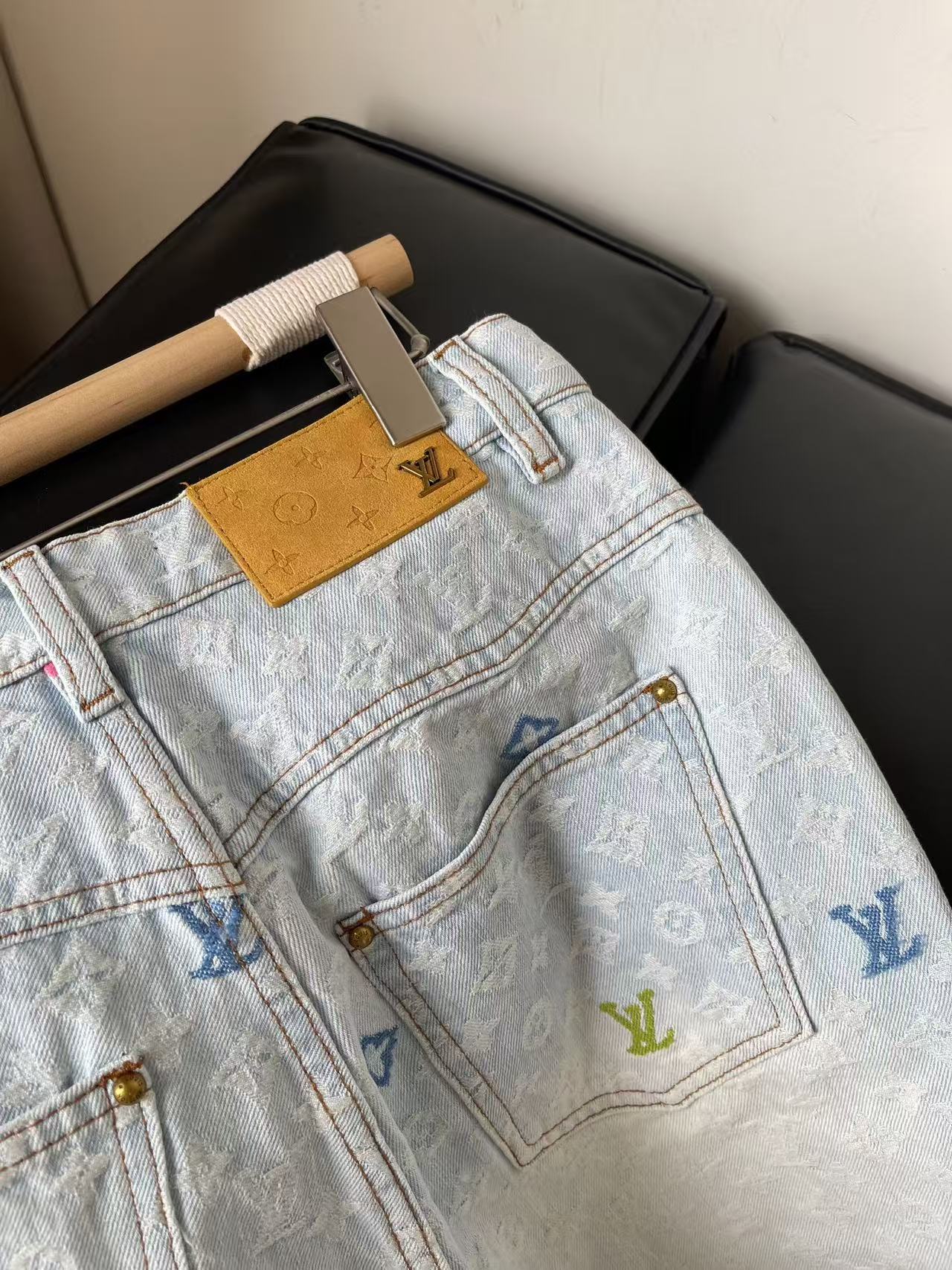 LO 26Pale Blue High Waist Five Pocket Loose Denim Pants Colorful Mini Pattern
