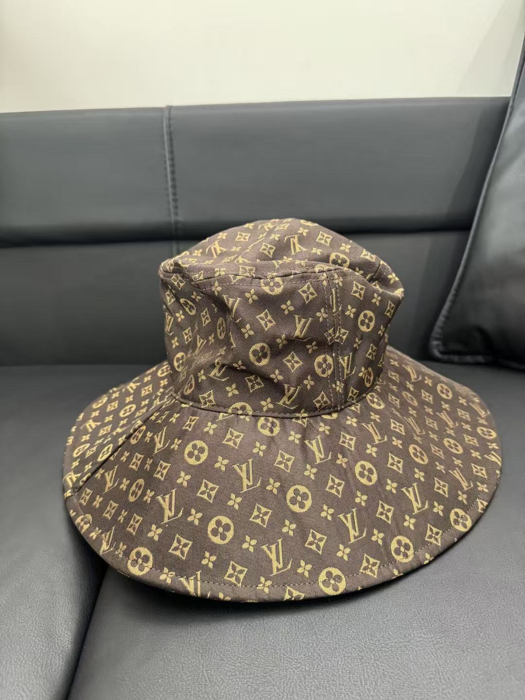 LO 26 Brown All Over Vintage Motif Print Wide Brim Bucket Sun Hat