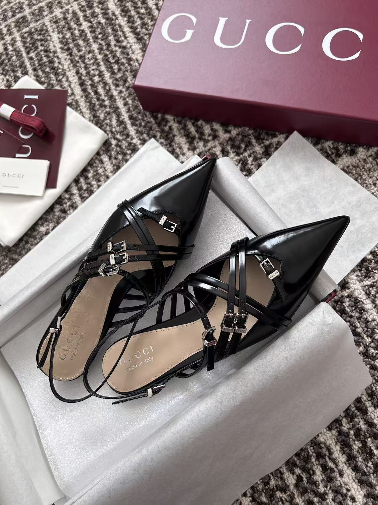 LO 26 Glossy Leather Cutout Strappy Backless Pointy High Heel Sandals