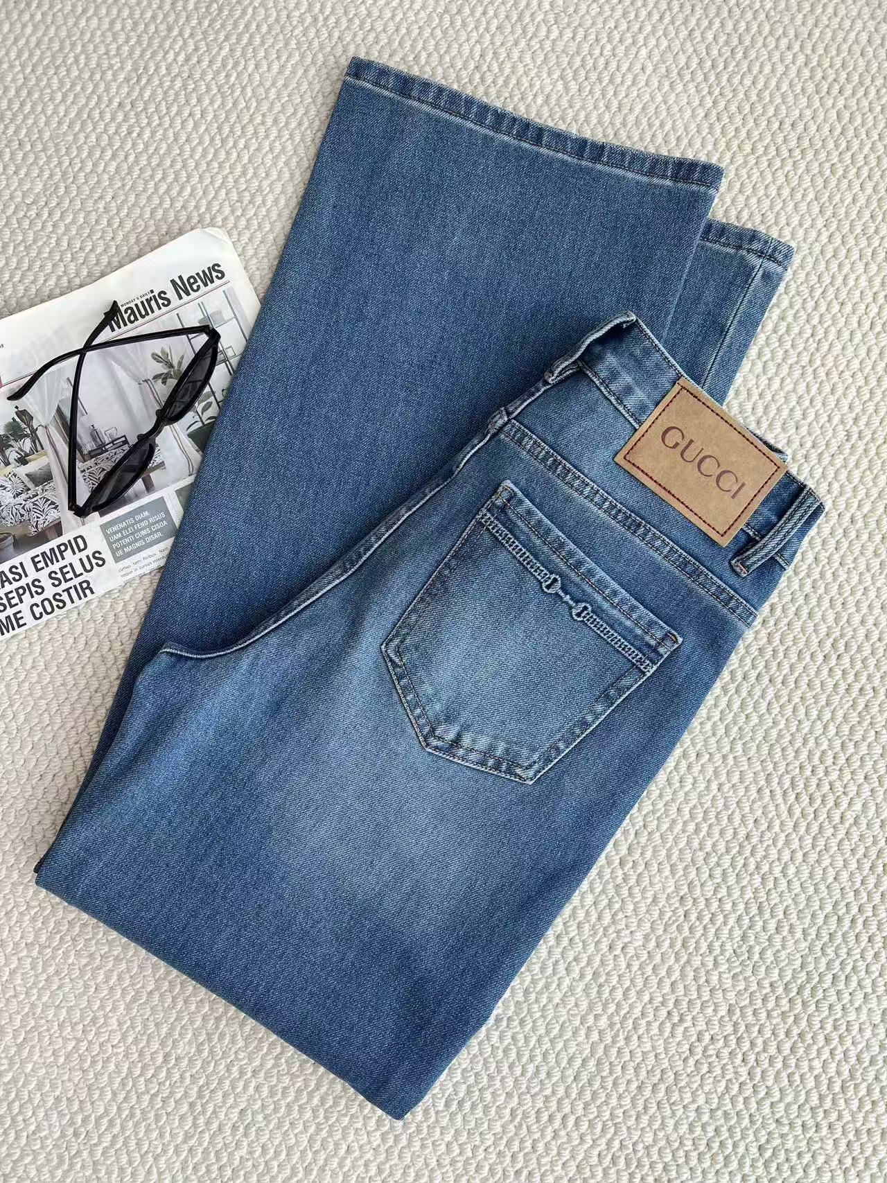 GU High Waist Vintage Blue Washed Wide Leg Denim Jeans