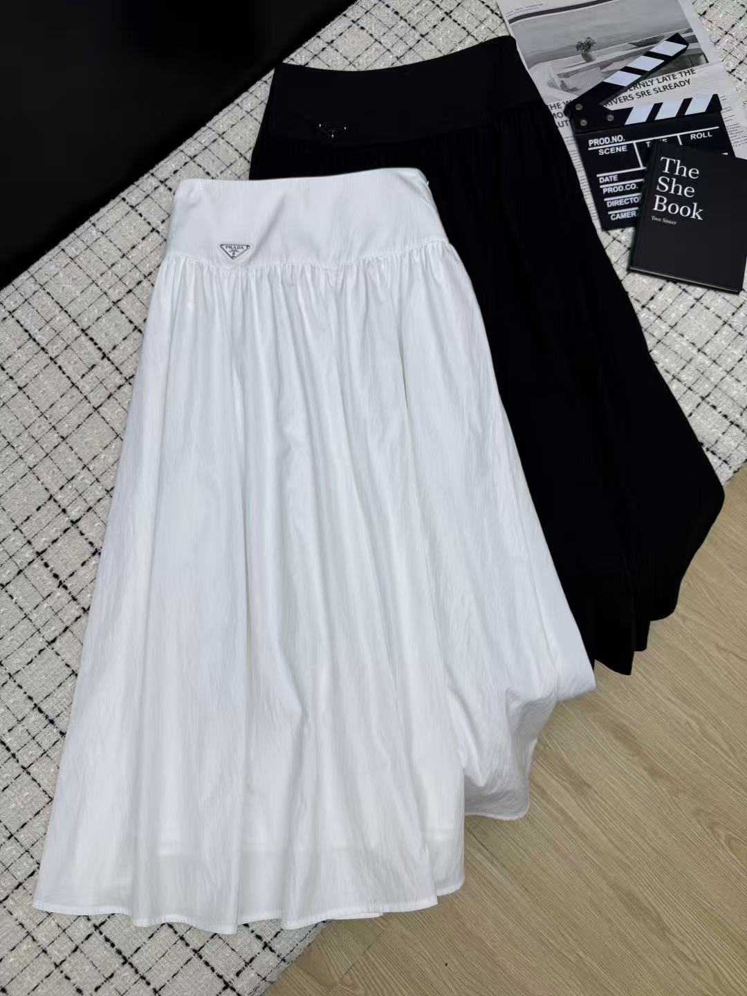 P26 High Waist Pleated Midi Skirt with Triangle Logo