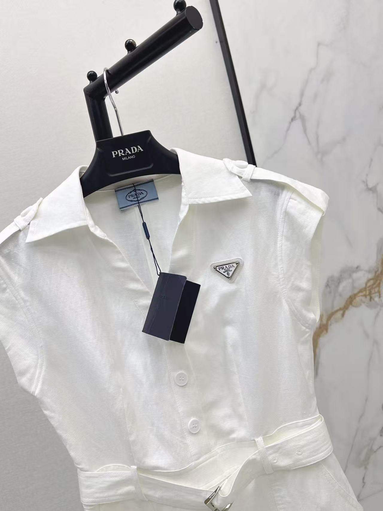 PR Sleeveless Cargo Belted Mini Shirt Dress With Triangle Logo Badge