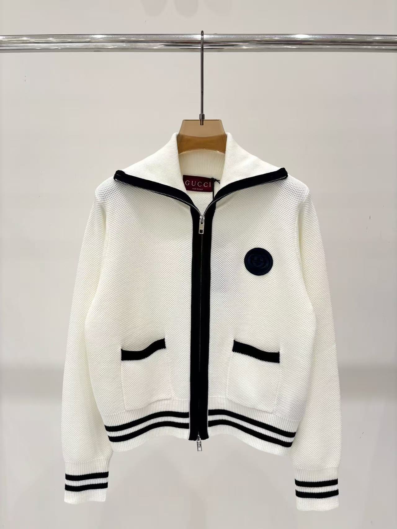 GU 26 Nautical Style Color Block Knit Cardigan Full Zipper Front Pockets Ribbed Stripe Cuff & Hem