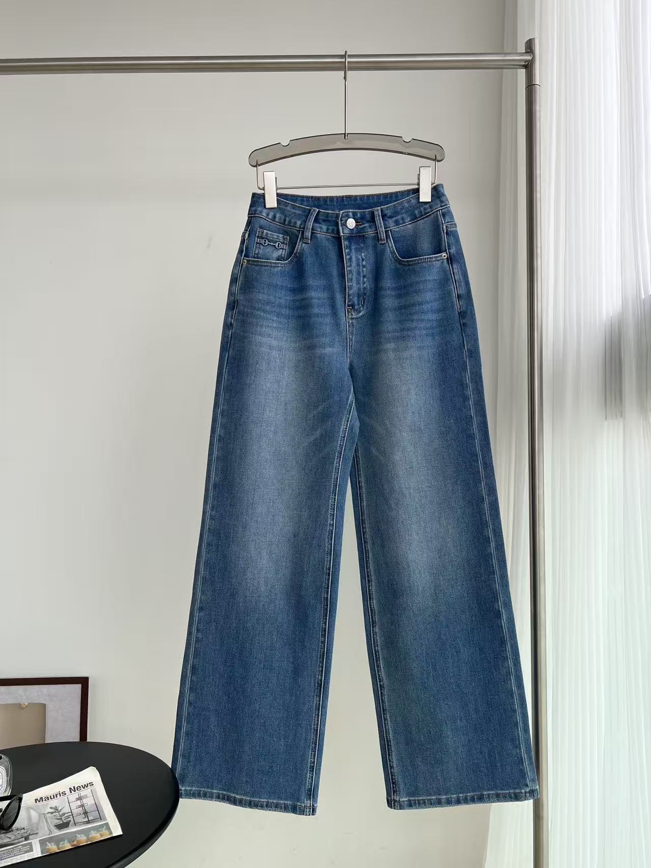 GU High Waist Vintage Blue Washed Wide Leg Denim Jeans