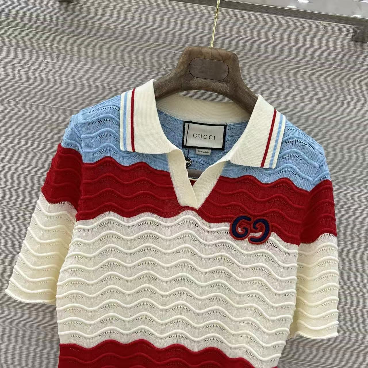 GU Striped Wave Knit Polo Shirt Contrast Collar Short Sleeve Slim Fit