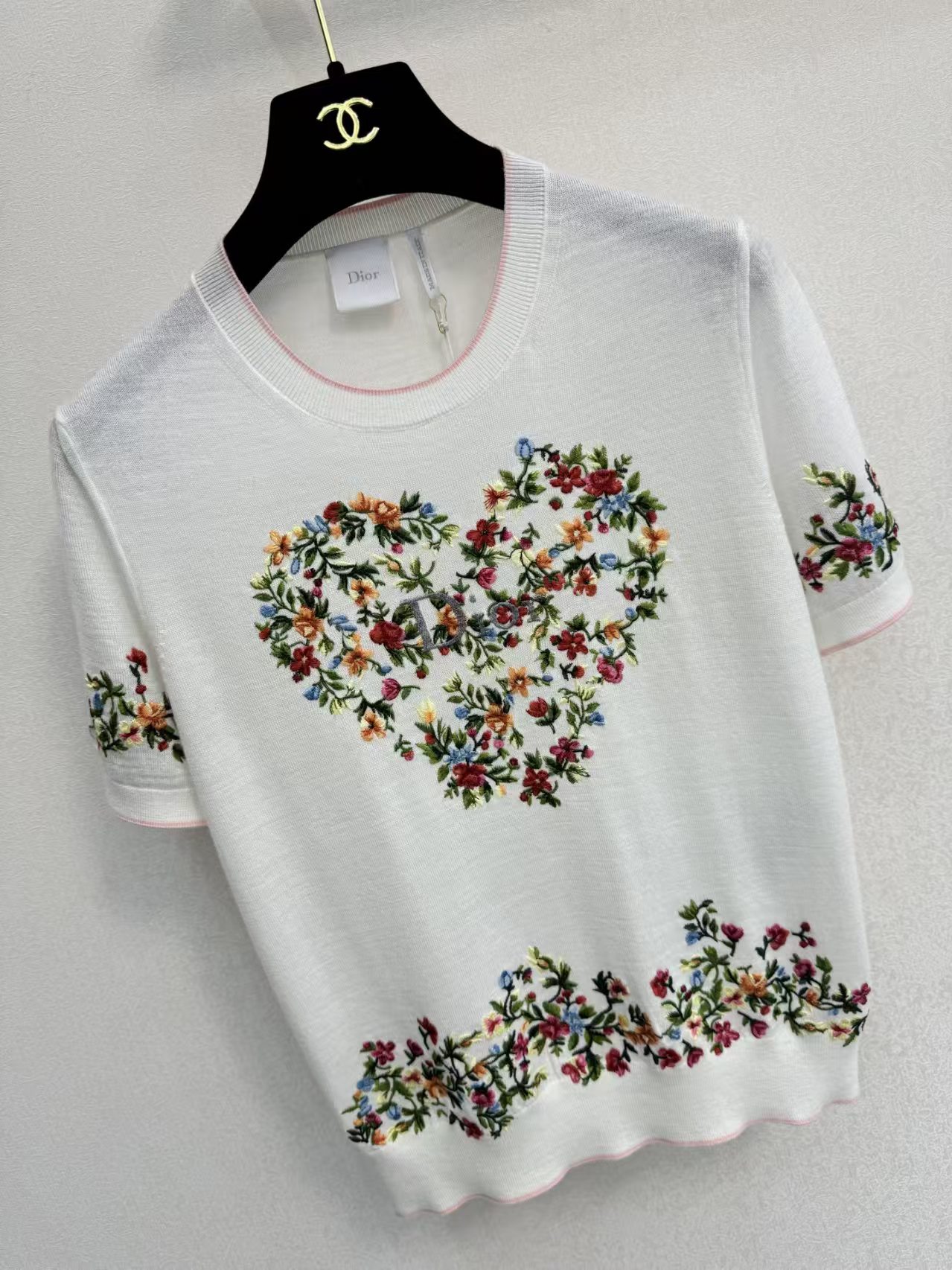Dior floral embroidery short-sleeve knit sweater