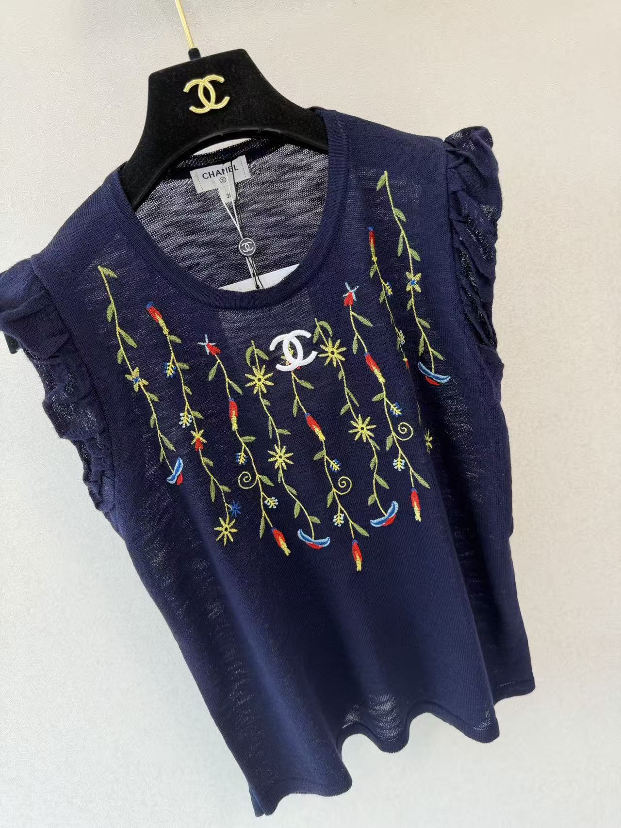 Cha 26 Navy Sleeveless Knit Tank Top Ruffle Shoulder Colorful Vine Floral Embroidery Front