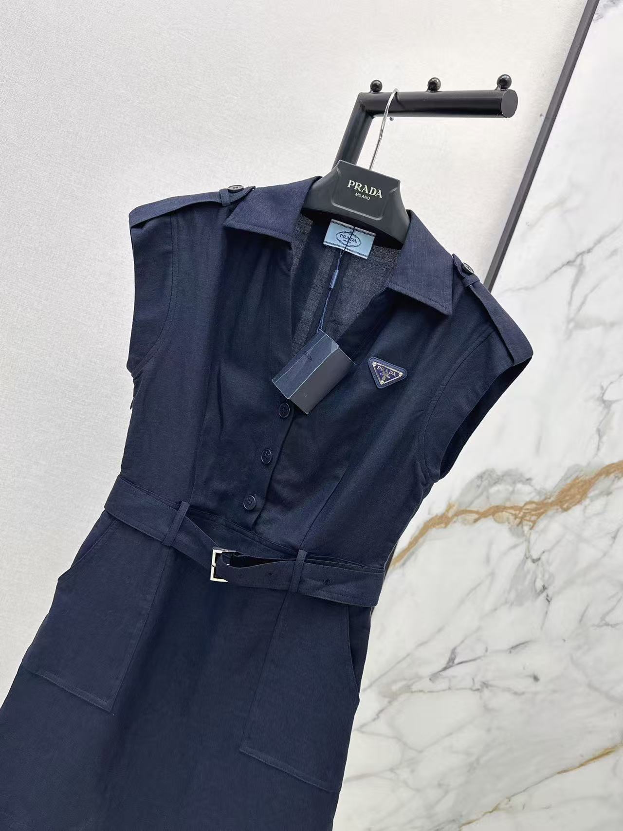 PR Sleeveless Cargo Belted Mini Shirt Dress With Triangle Logo Badge