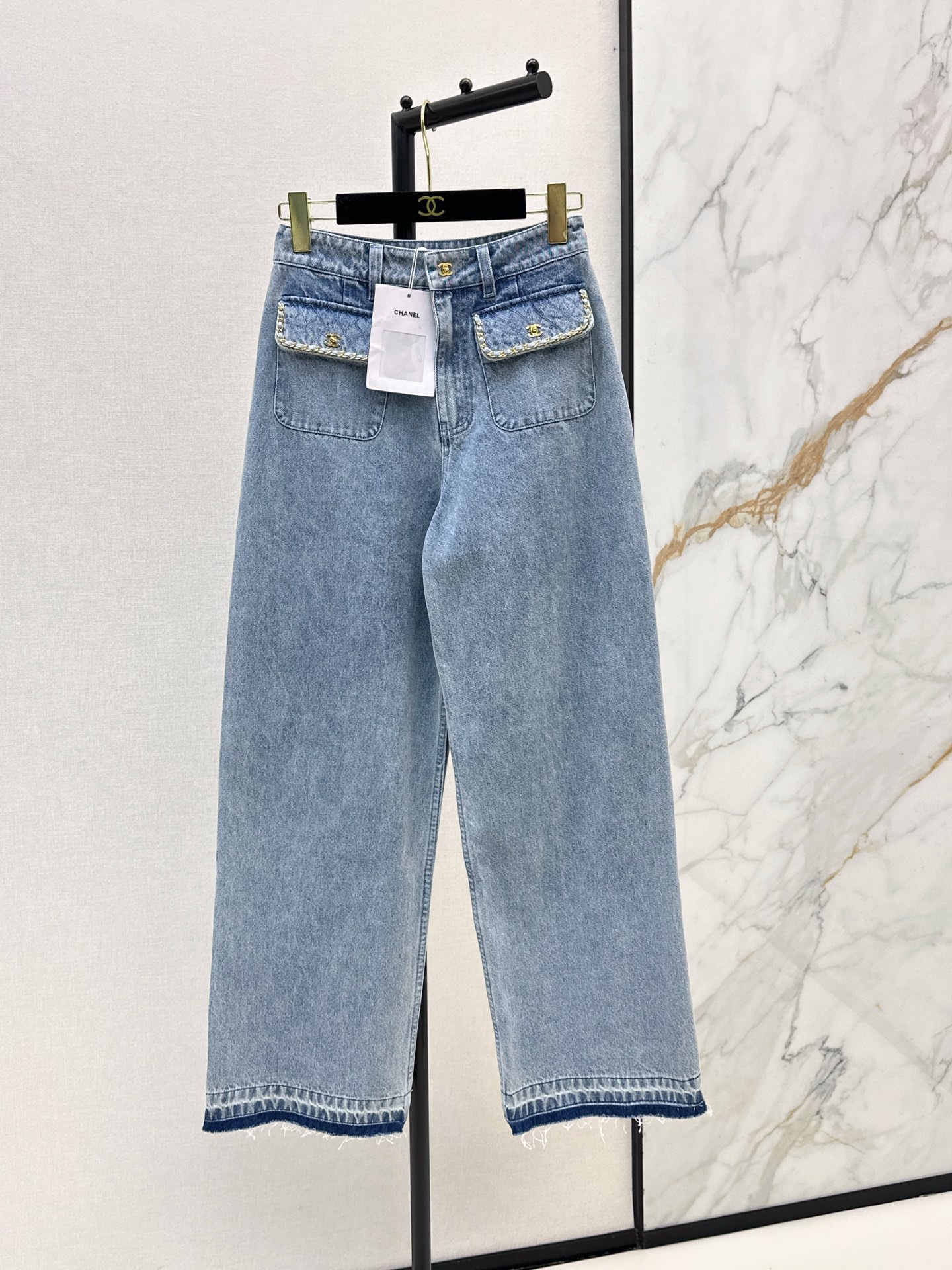cha 26 Light Wash Chain Trim Wide Leg Denim Pants