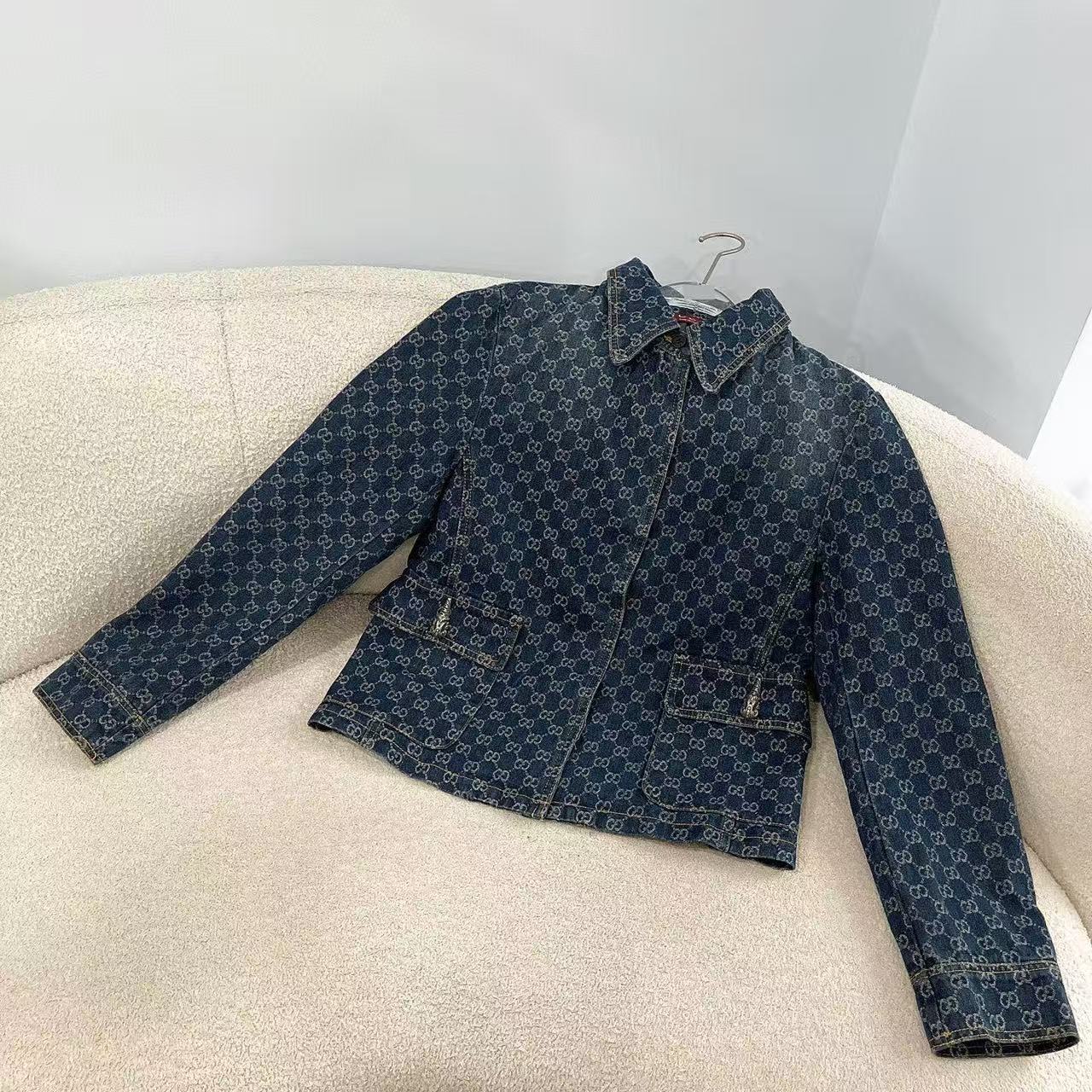 GU 26Vintage All Over Print Denim Jacket Women Lapel Pocket Long Sleeve Casual Cropped Jean Coat