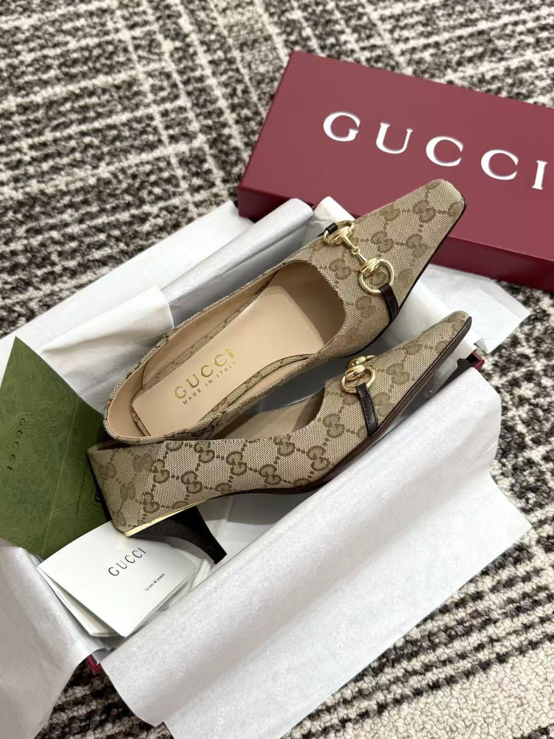 LO 26 Classic Canvas Pattern Backless Slingback Mules With Gold Horsebit Hardware