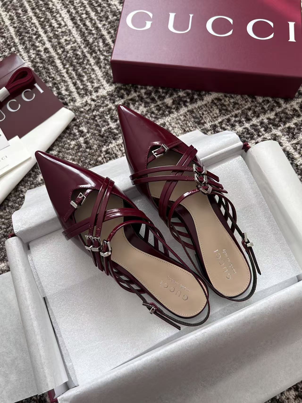 LO 26 Glossy Leather Cutout Strappy Backless Pointy High Heel Sandals