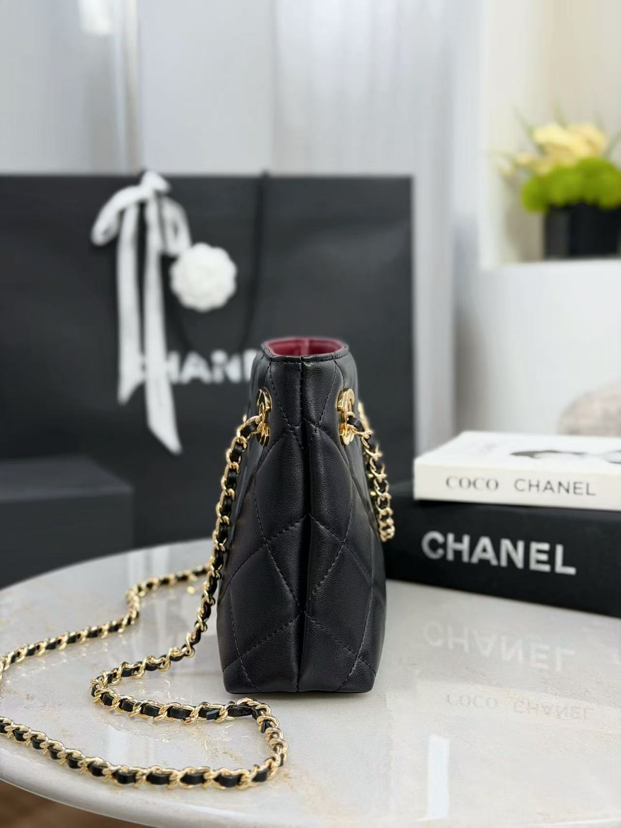 Cha 26 Black Diamond Quilted Double Logo  Shoulder Bag