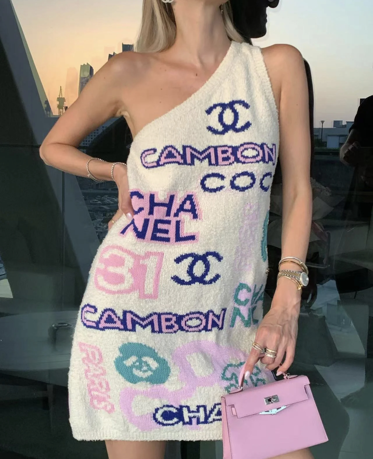 XX Customized custom dyed multi colored yarn slanted shoulder slim fit dress