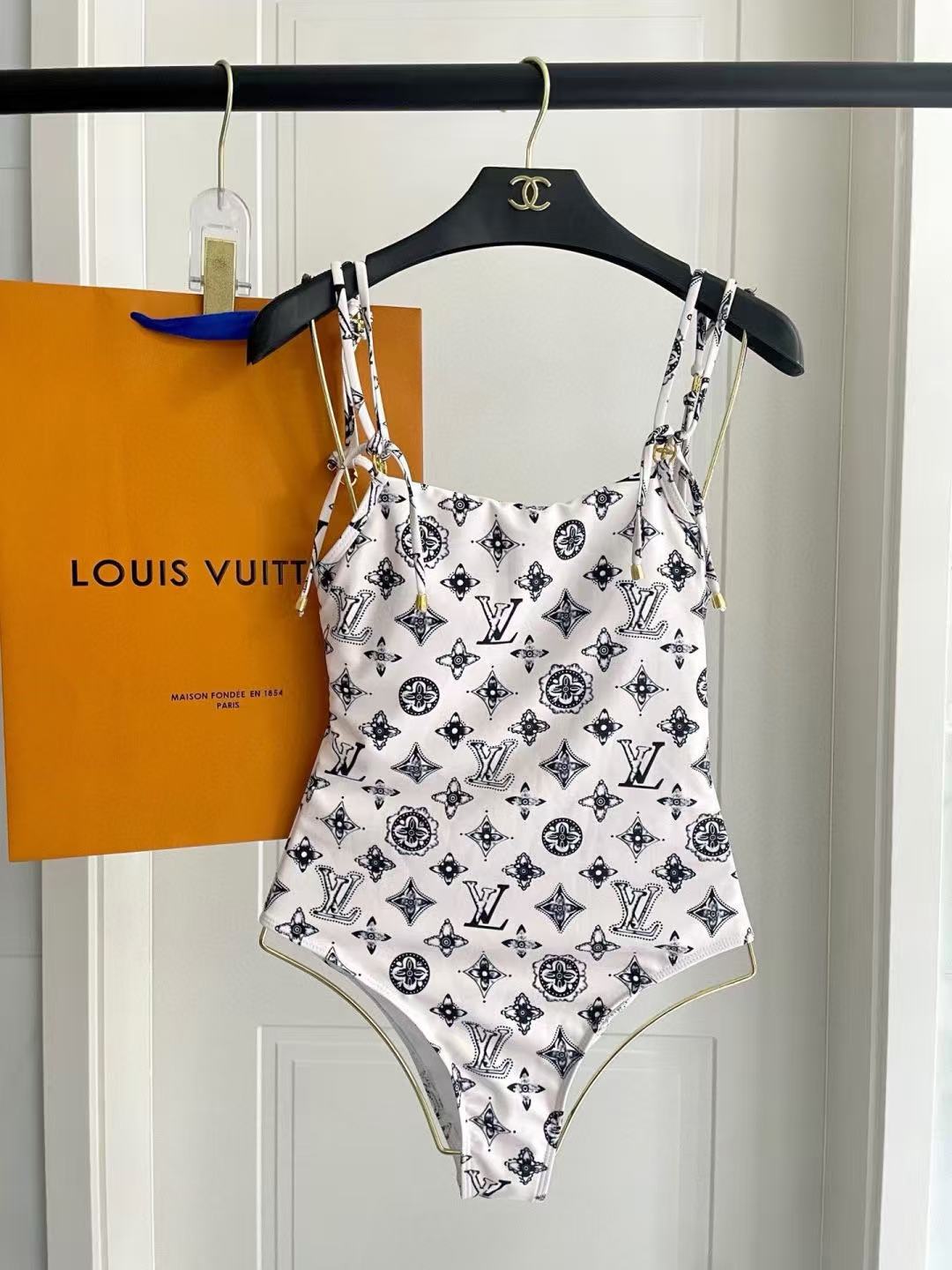LO Women Vintage Monogram Print One Piece Swimsuit Square Neck Spaghetti Strap Bathing Suit