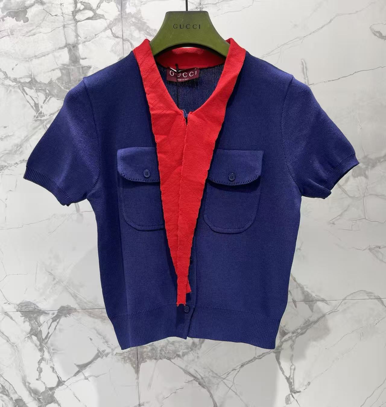 GU 26 Women Color Block Tie Collar Short Sleeve Knit Cardigan