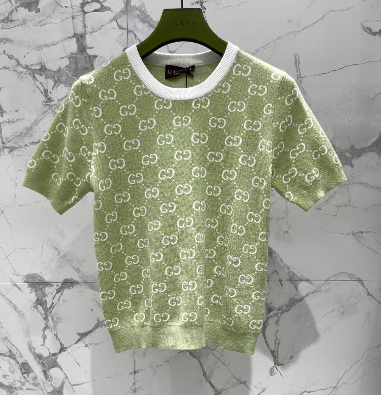 GU  26 Green Jacquard Pattern Short Sleeve Knit Top Contrast Crew Neck Slim