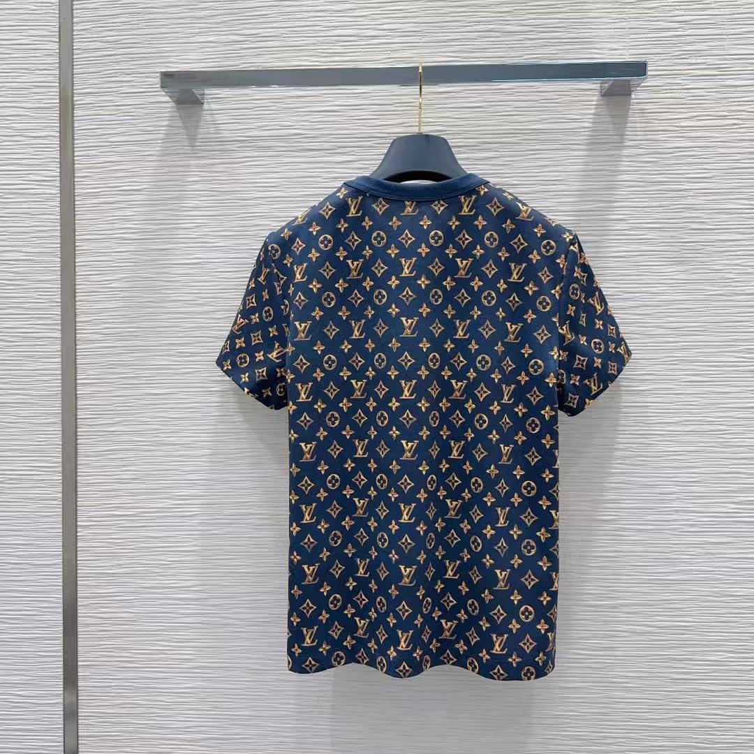 LO 26Navy All Over Gold Monogram Print Crew Neck Tee