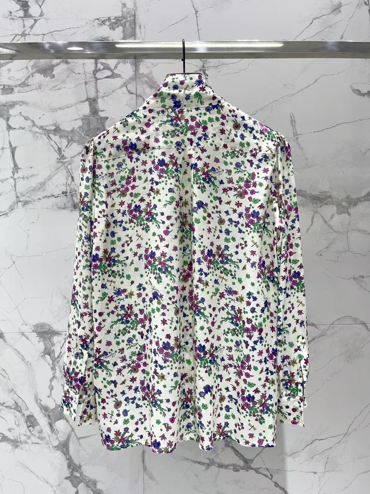 GU 26 Multi Color Wild Flower Bow Collar Satin Shirt