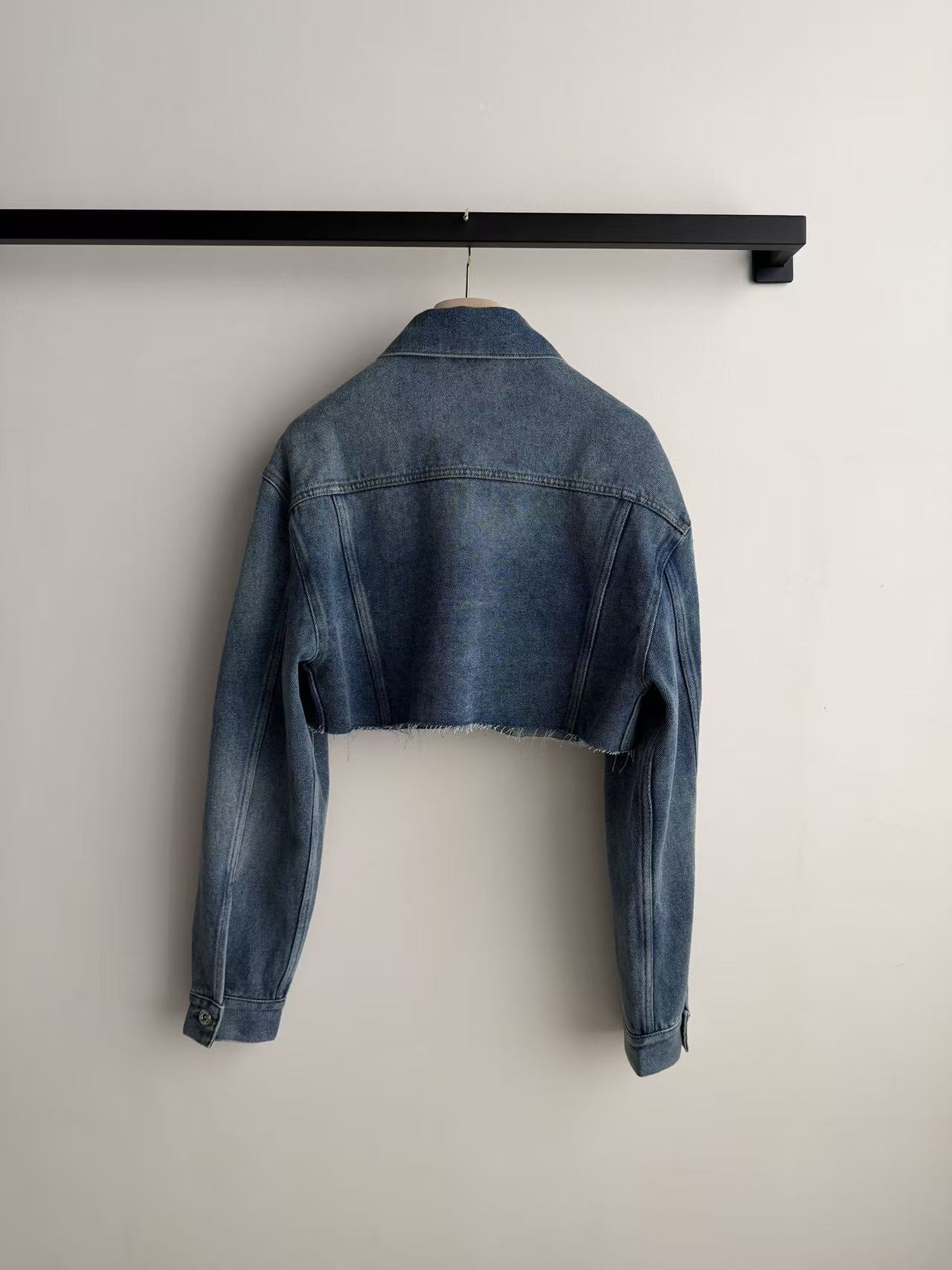 M Series  Frayed Hem Cropped Denim Jacket With Logo Embroidery