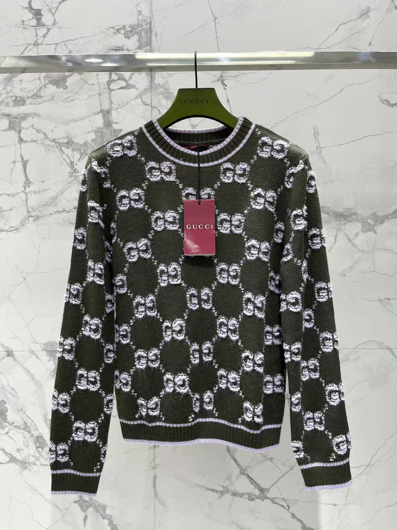 GU Olive Green All Over Pattern Knit Crew Neck Sweater