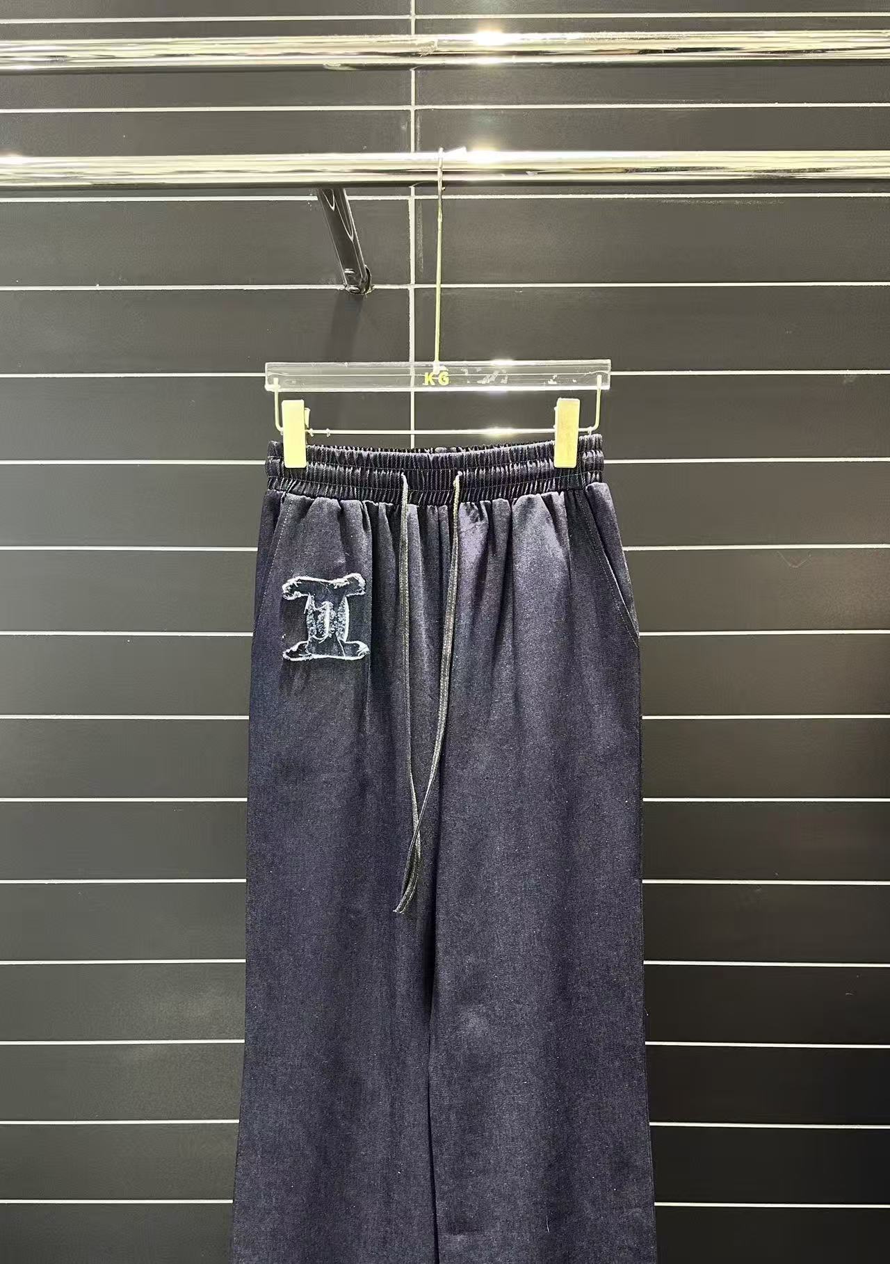 Cha 26 Dark Blue Elastic Waist Loose Denim Trousers