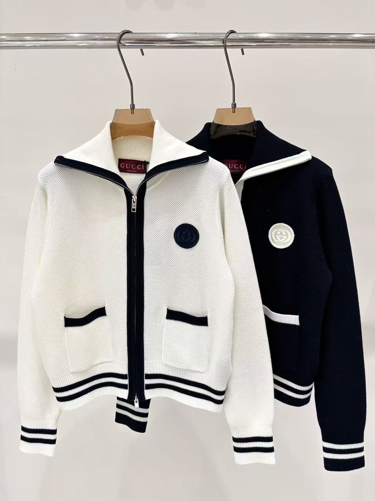 GU 26 Nautical Style Color Block Knit Cardigan Full Zipper Front Pockets Ribbed Stripe Cuff & Hem