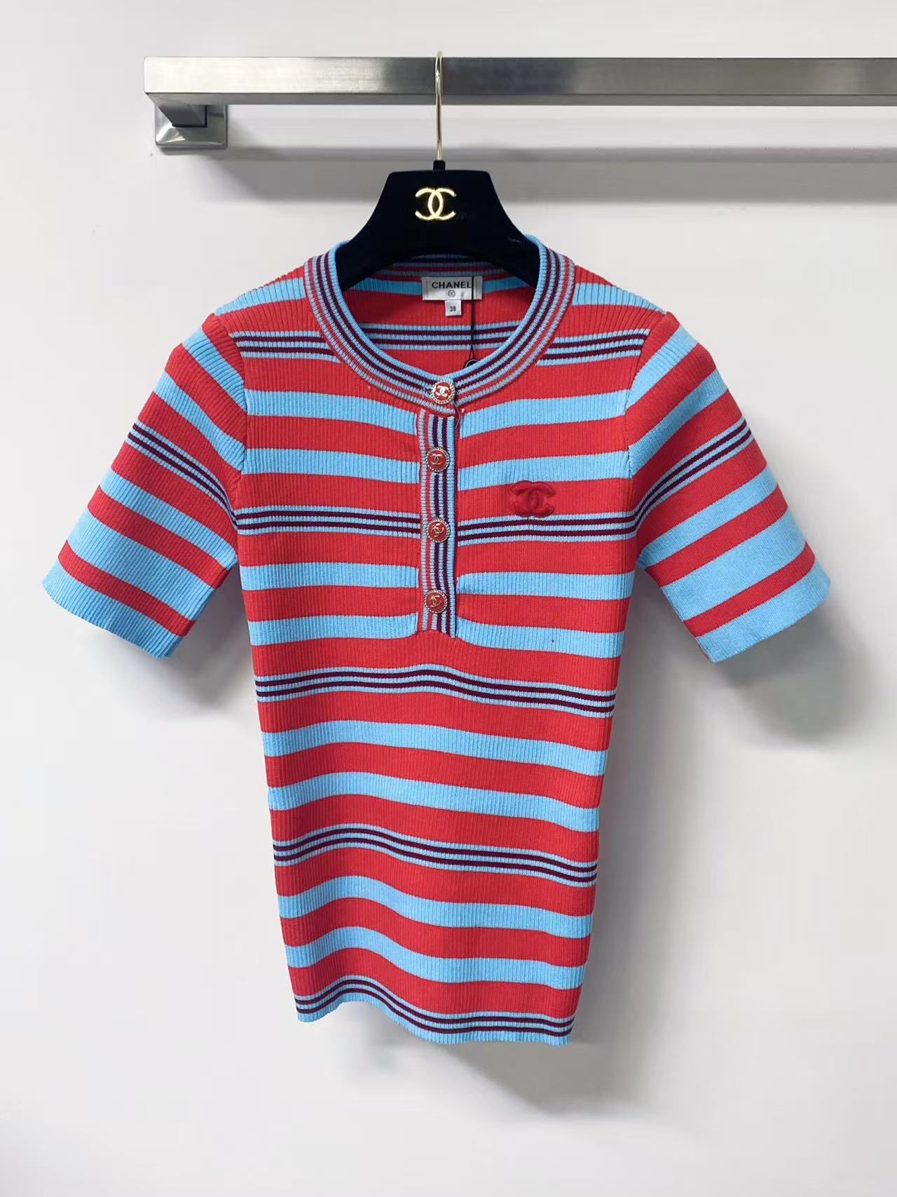 cha 26 Half Button Ribbed Striped Knit Blouse