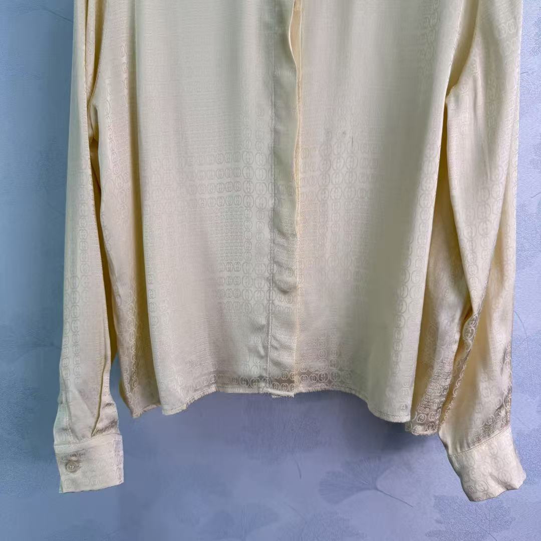 GU Cream Satin Texture Lapel Collar Long Sleeve Button Down Blouse
