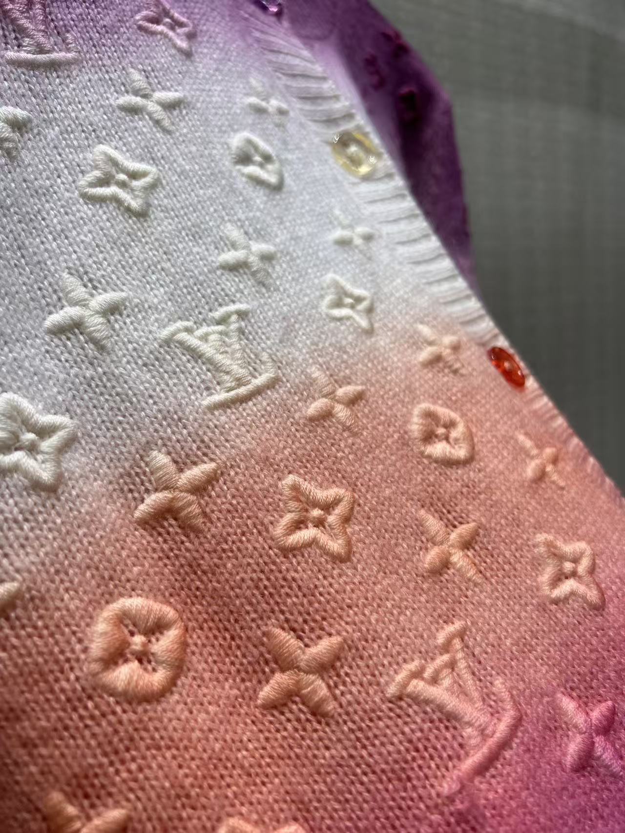 Gradient Color Embossed Monogram Knit Cardigan Women Round Neck Button Front Sweater Coat
